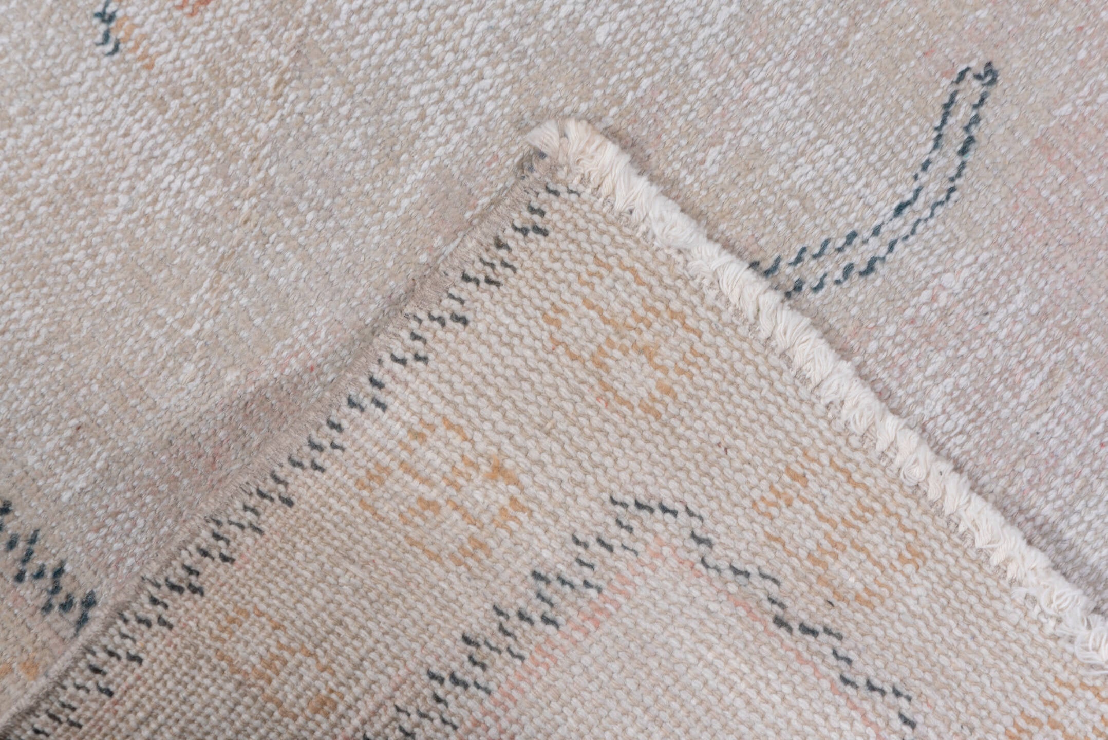 2' x 11' one-of-a-kind handmade antique Oushak runner rug. Color palette: blush, ivory, pale peach, taupe, slate, pink