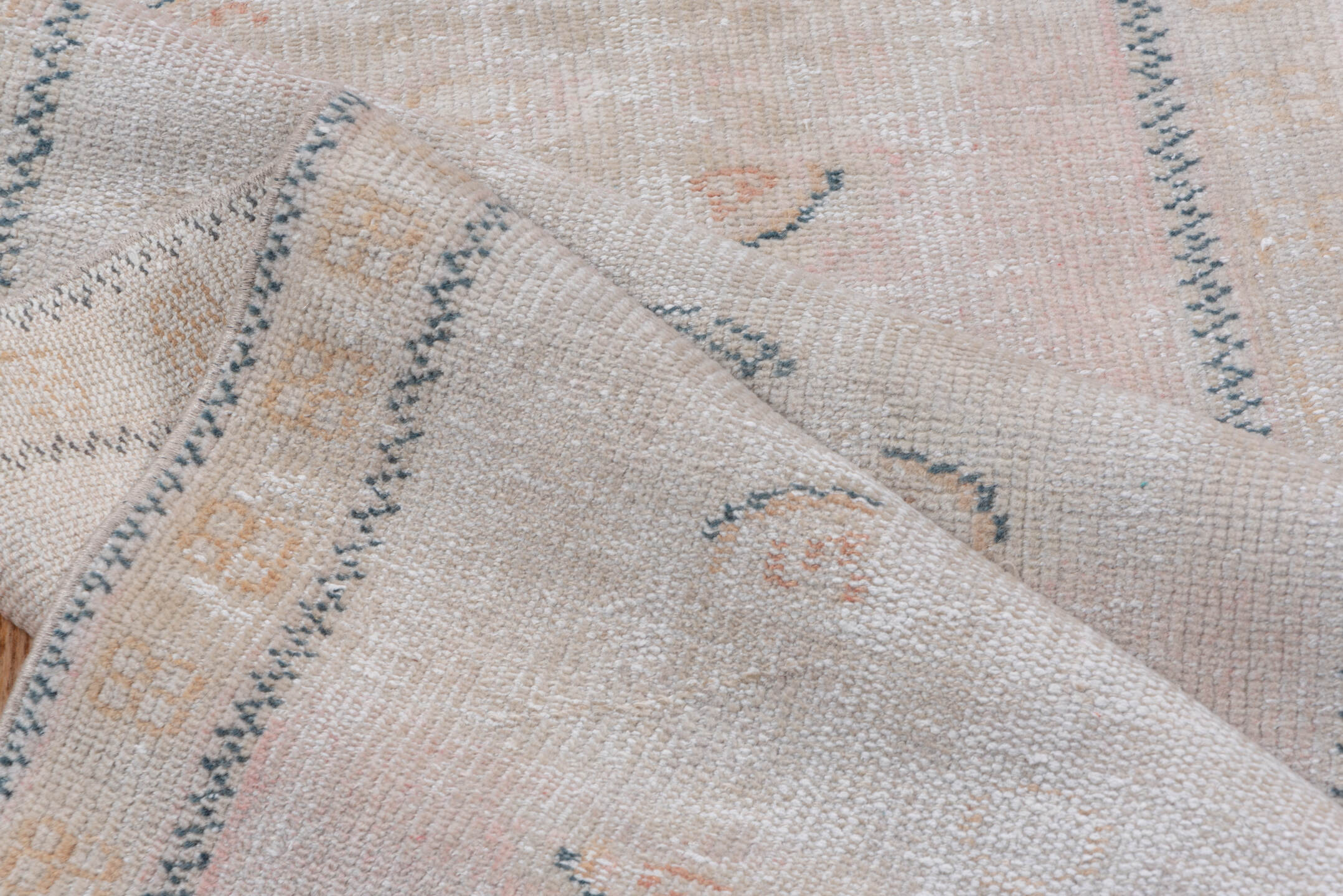 2' x 11' one-of-a-kind handmade antique Oushak runner rug. Color palette: blush, ivory, pale peach, taupe, slate, pink