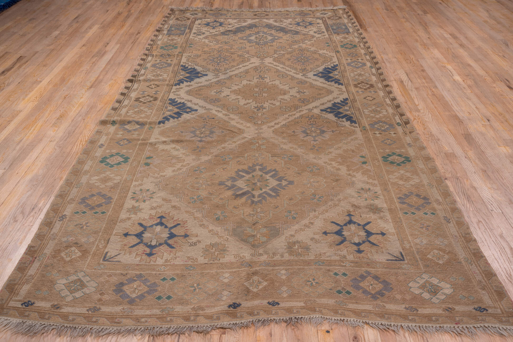 6' x 13' one-of-a-kind handmade vintage Sumak large size rug. Color palette: blue, brown, dim gray, gray, light gray