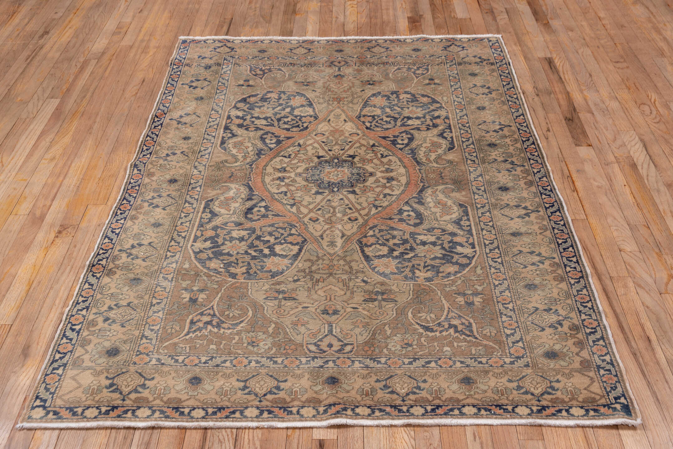 4' x 7' one-of-a-kind handmade vintage Oushak rug. Color palette: beige, taupe, faded blue, ivory, blush, camel, gray, blue