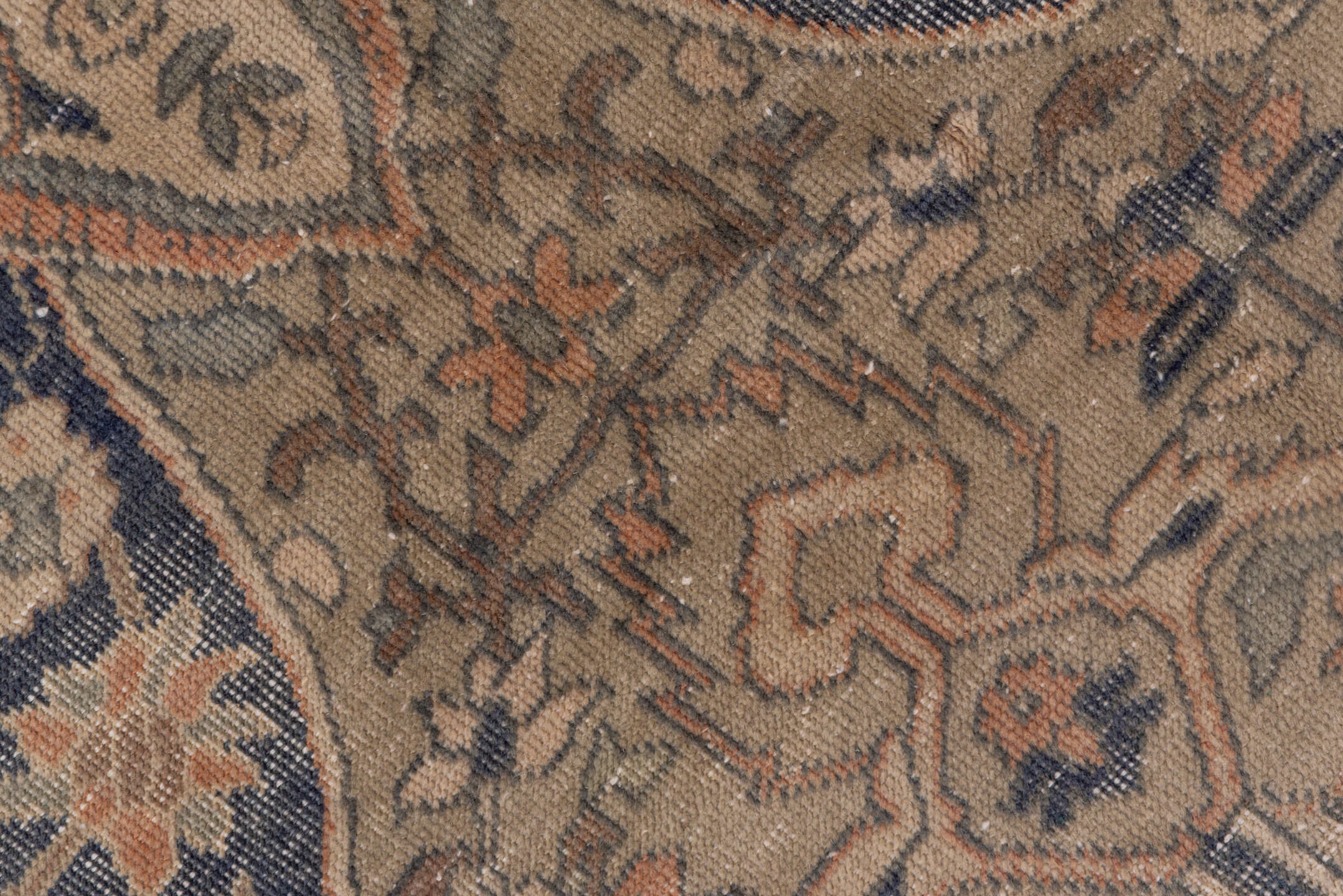 4' x 7' one-of-a-kind handmade vintage Oushak rug. Color palette: beige, taupe, faded blue, ivory, blush, camel, gray, blue