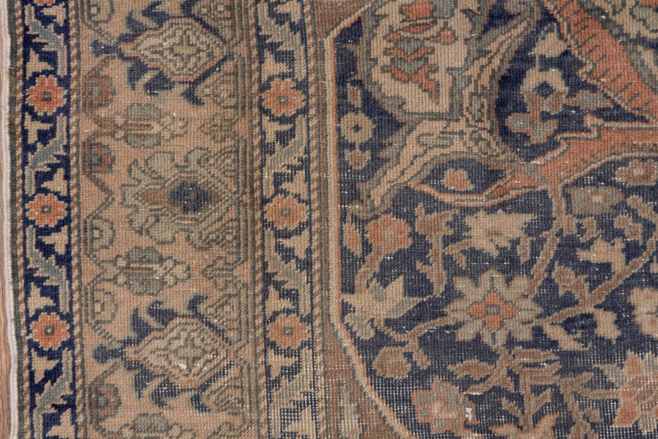 4' x 7' one-of-a-kind handmade vintage Oushak rug. Color palette: beige, taupe, faded blue, ivory, blush, camel, gray, blue