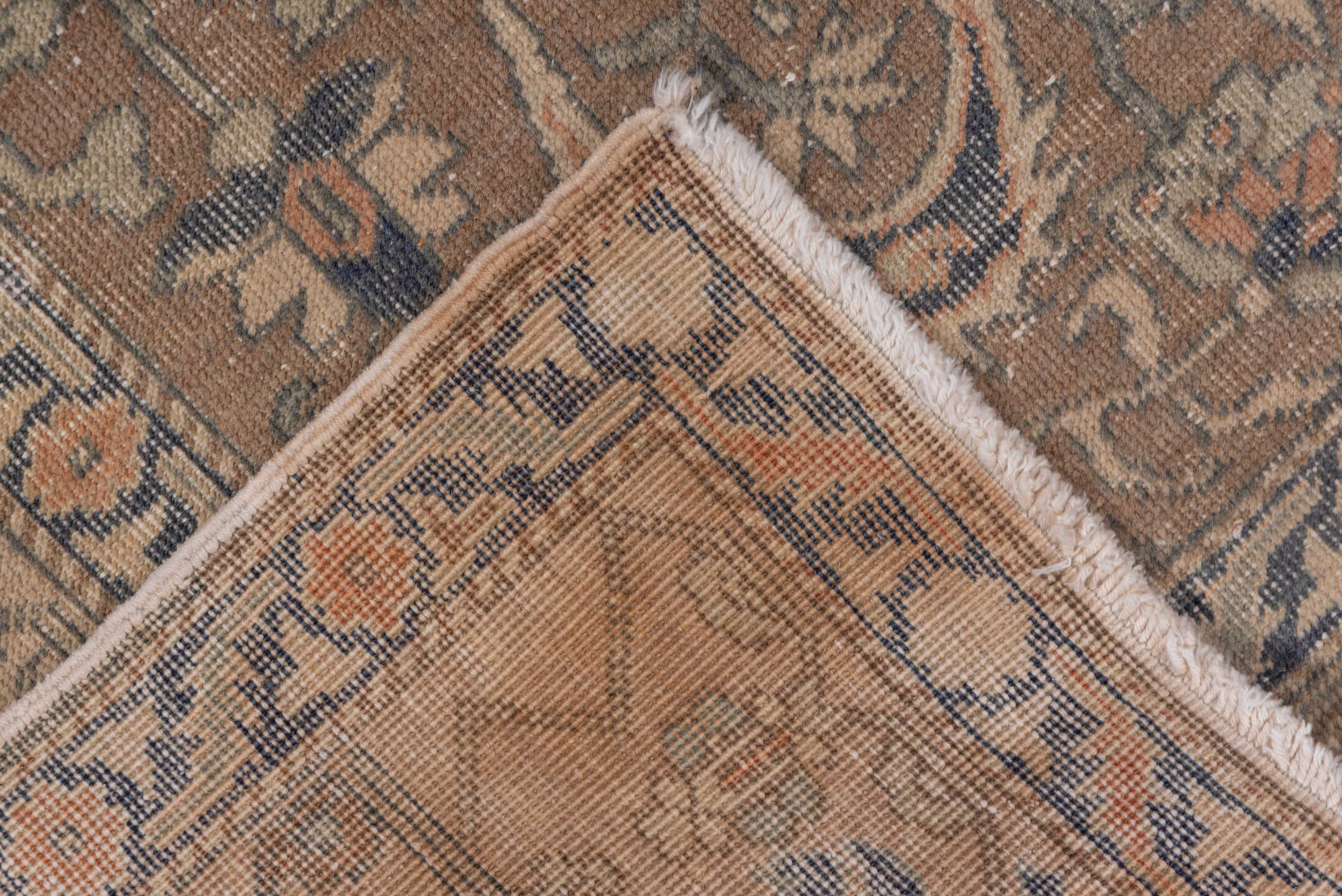 4' x 7' one-of-a-kind handmade vintage Oushak rug. Color palette: beige, taupe, faded blue, ivory, blush, camel, gray, blue