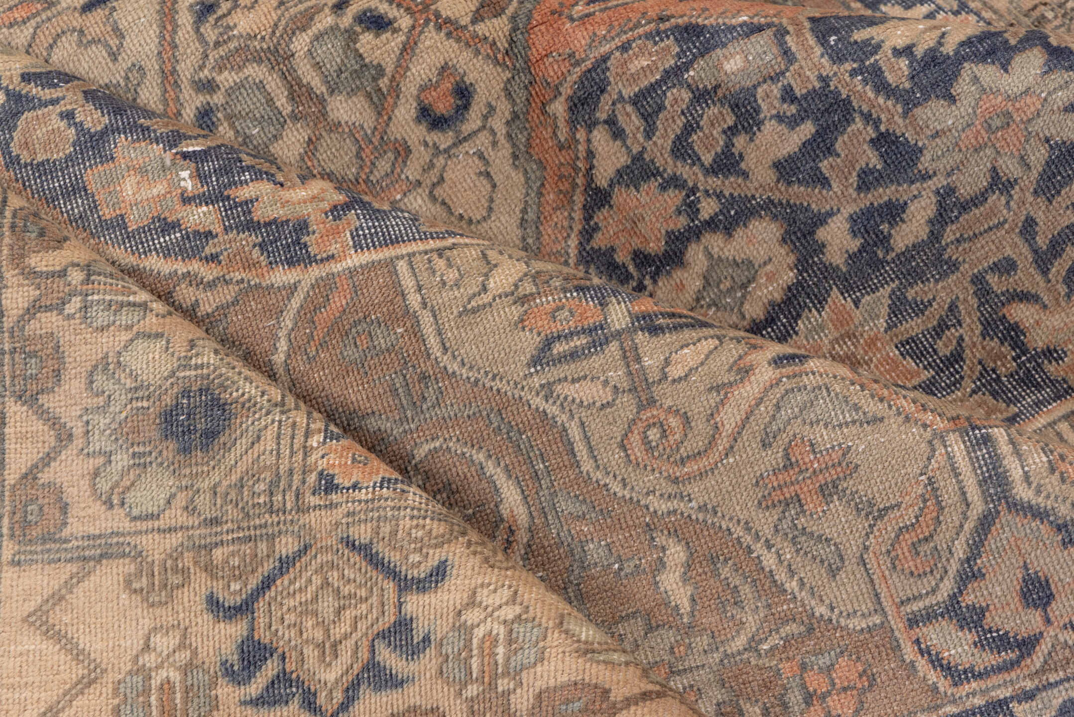 4' x 7' one-of-a-kind handmade vintage Oushak rug. Color palette: beige, taupe, faded blue, ivory, blush, camel, gray, blue