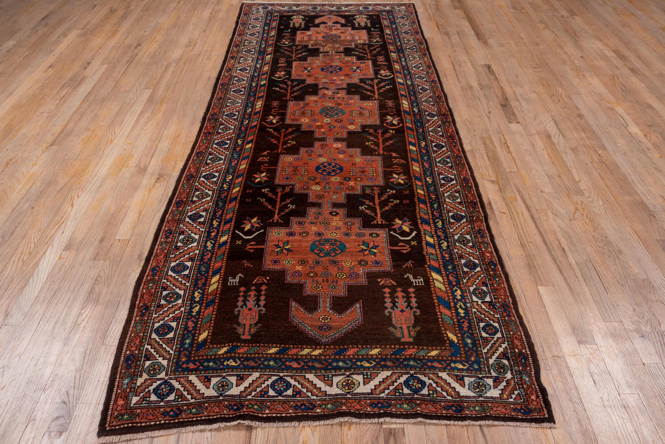 4' x 11' one-of-a-kind handmade vintage Malayer runner rug. Color palette: blue, brown, gray, light gray, pink, red