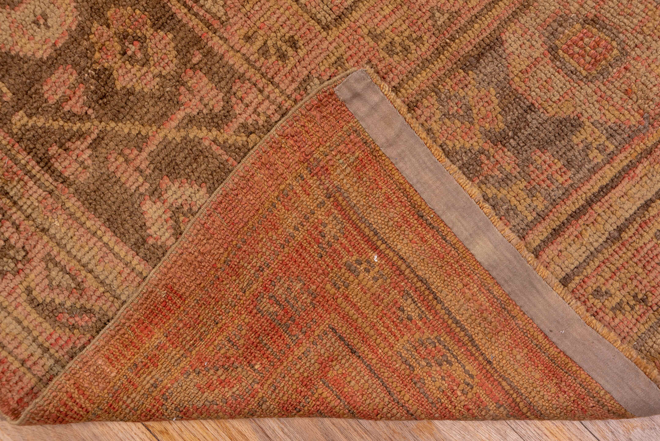 13' x 20' one-of-a-kind handmade vintage Oushak oversize rug. Color palette: brown, off-white, orange, pink