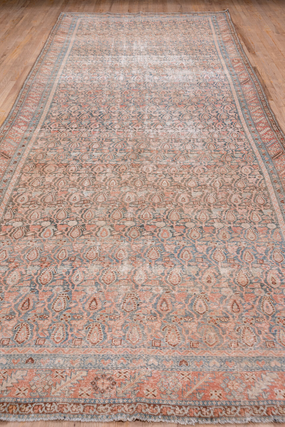 6' x 16' one-of-a-kind handmade vintage Malayer rug. Color palette: brown, dim gray, gray, light gray, off-white, pink