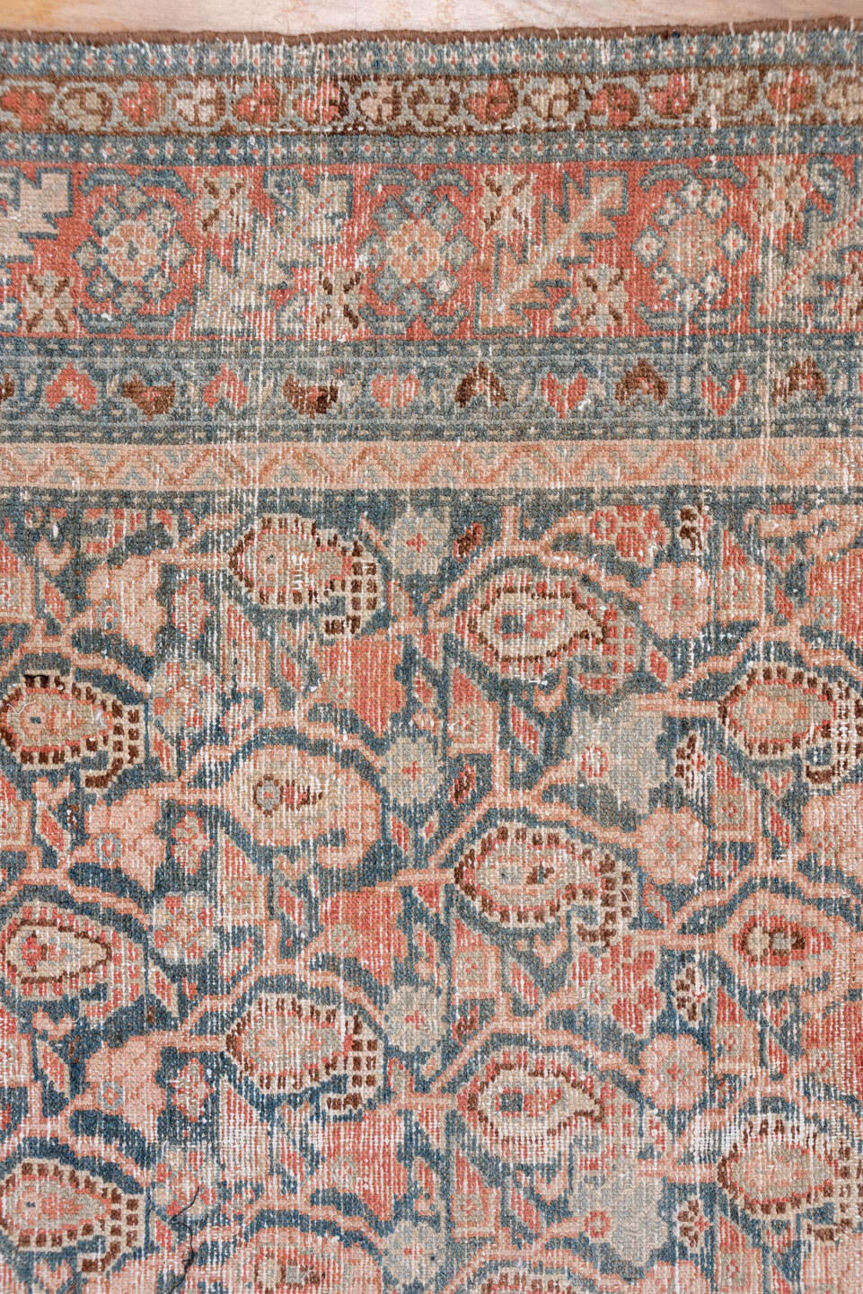 6' x 16' one-of-a-kind handmade vintage Malayer rug. Color palette: brown, dim gray, gray, light gray, off-white, pink