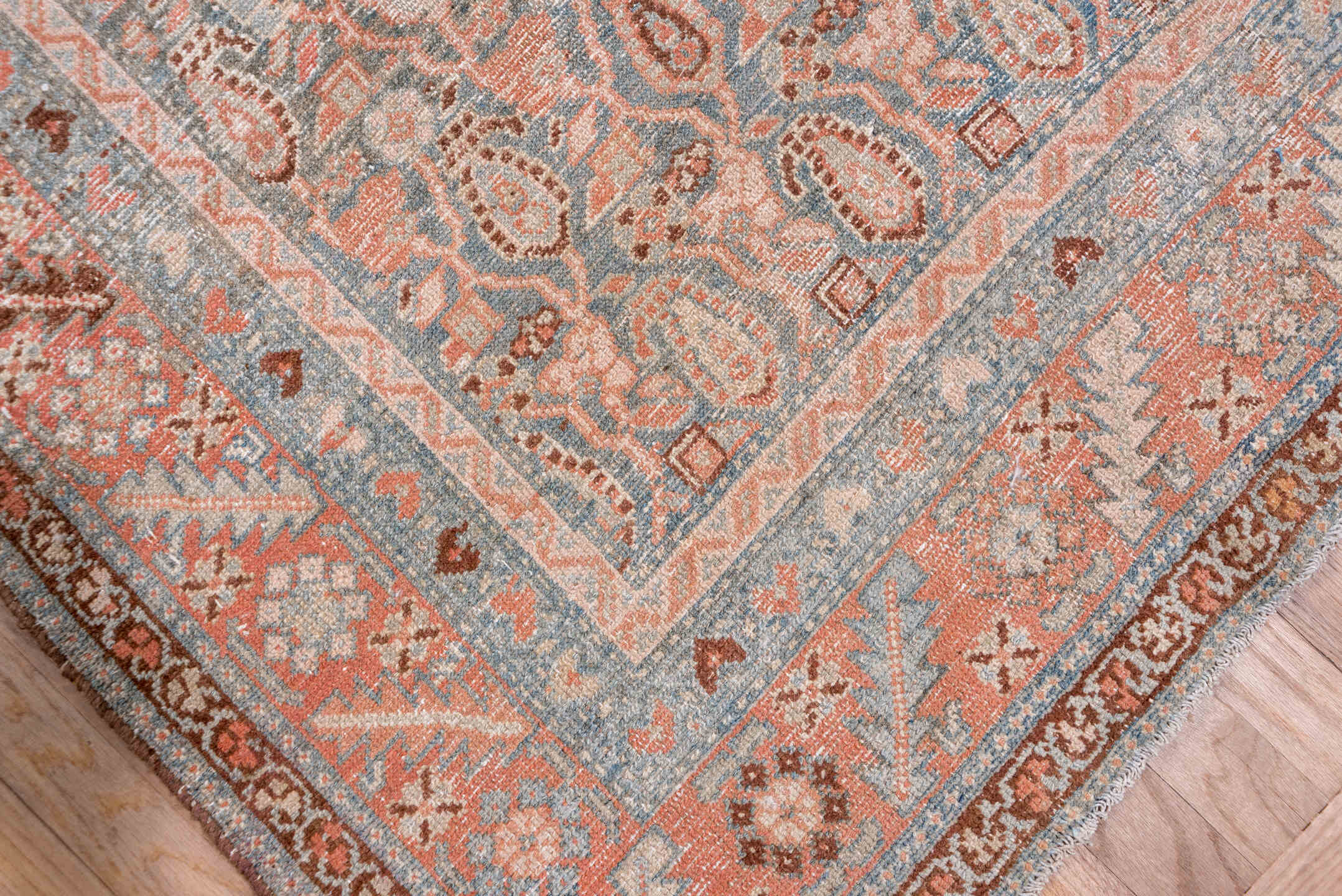 6' x 16' one-of-a-kind handmade vintage Malayer rug. Color palette: brown, dim gray, gray, light gray, off-white, pink