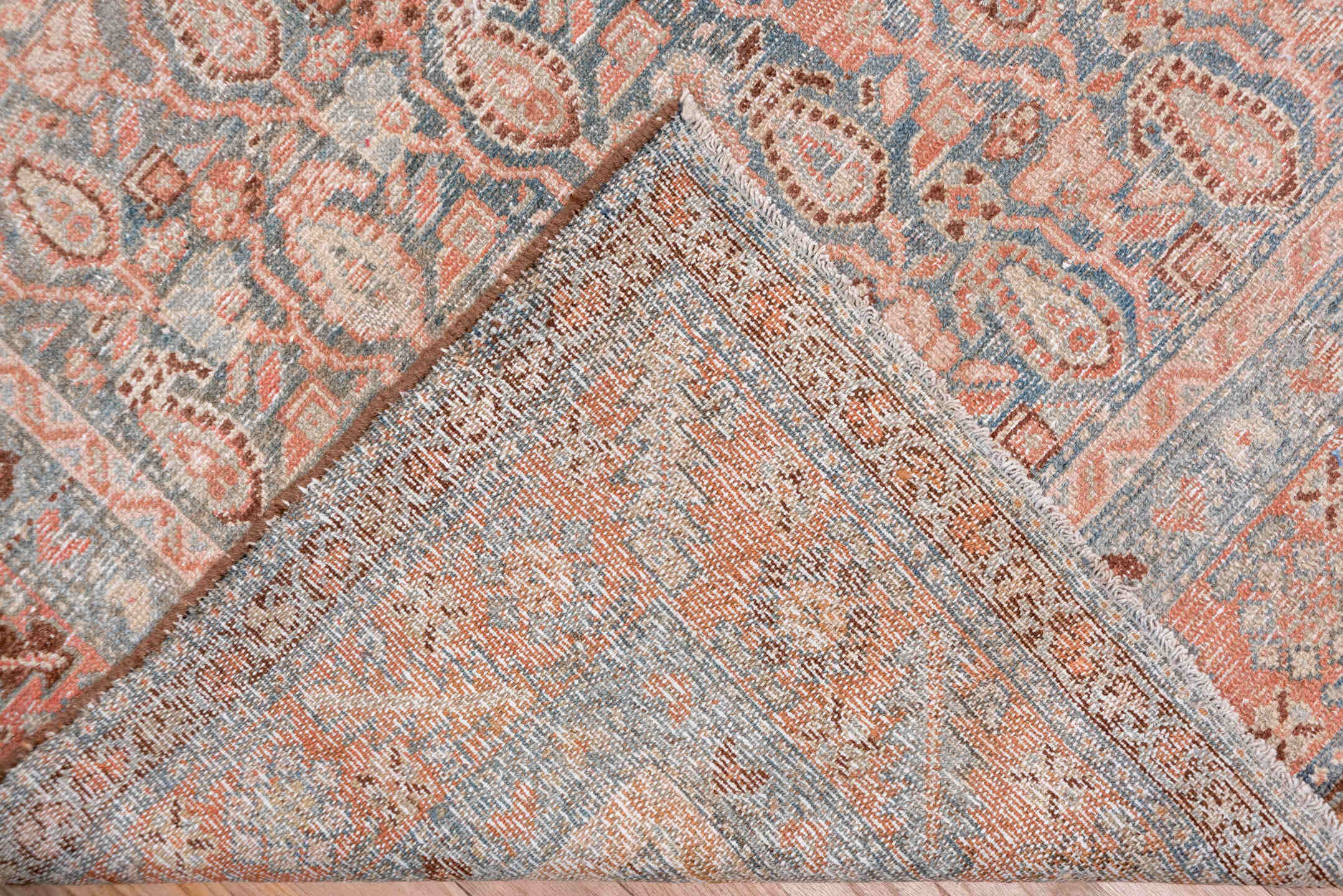 6' x 16' one-of-a-kind handmade vintage Malayer rug. Color palette: brown, dim gray, gray, light gray, off-white, pink