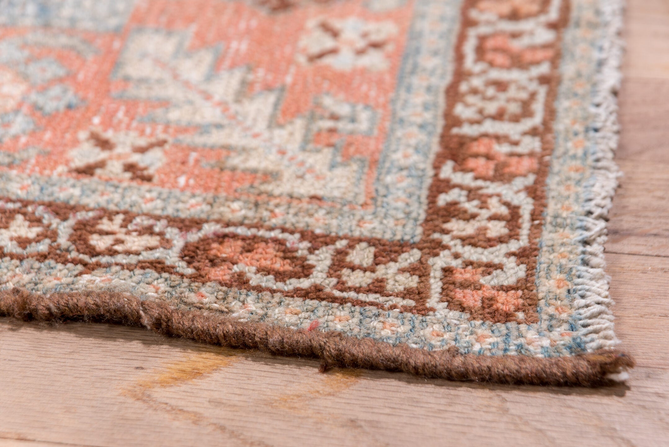 6' x 16' one-of-a-kind handmade vintage Malayer rug. Color palette: brown, dim gray, gray, light gray, off-white, pink