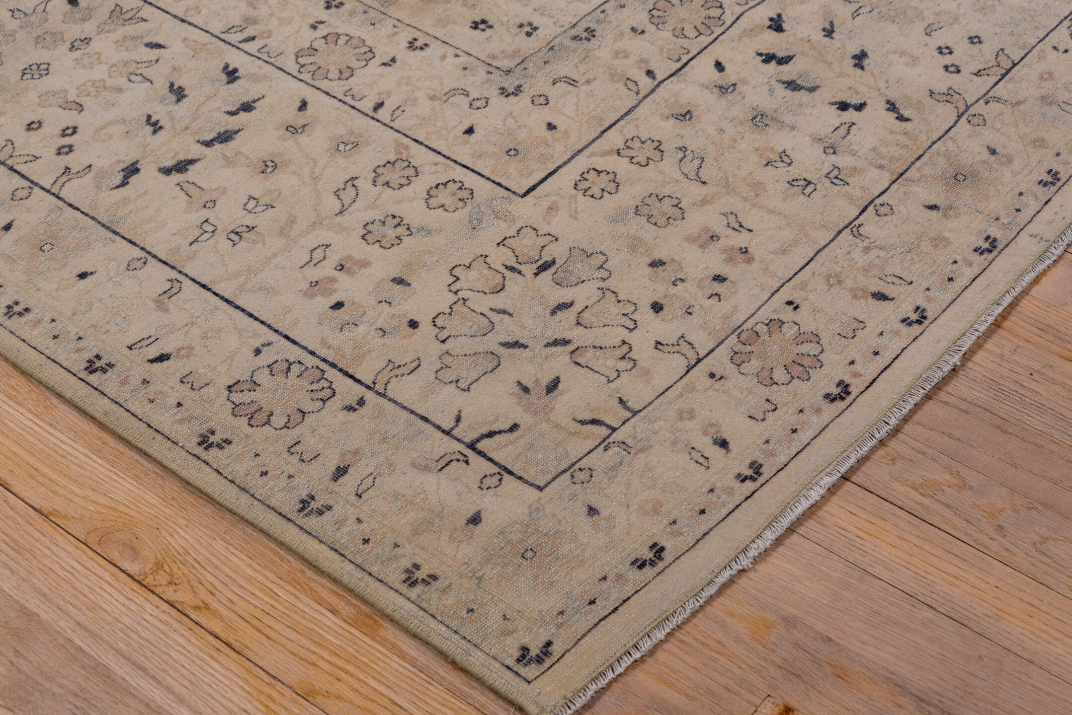 8' x 11' one-of-a-kind handmade antique Kashan large size rug. Color palette: ivory, beige, taupe, slate, dusty blue, camel