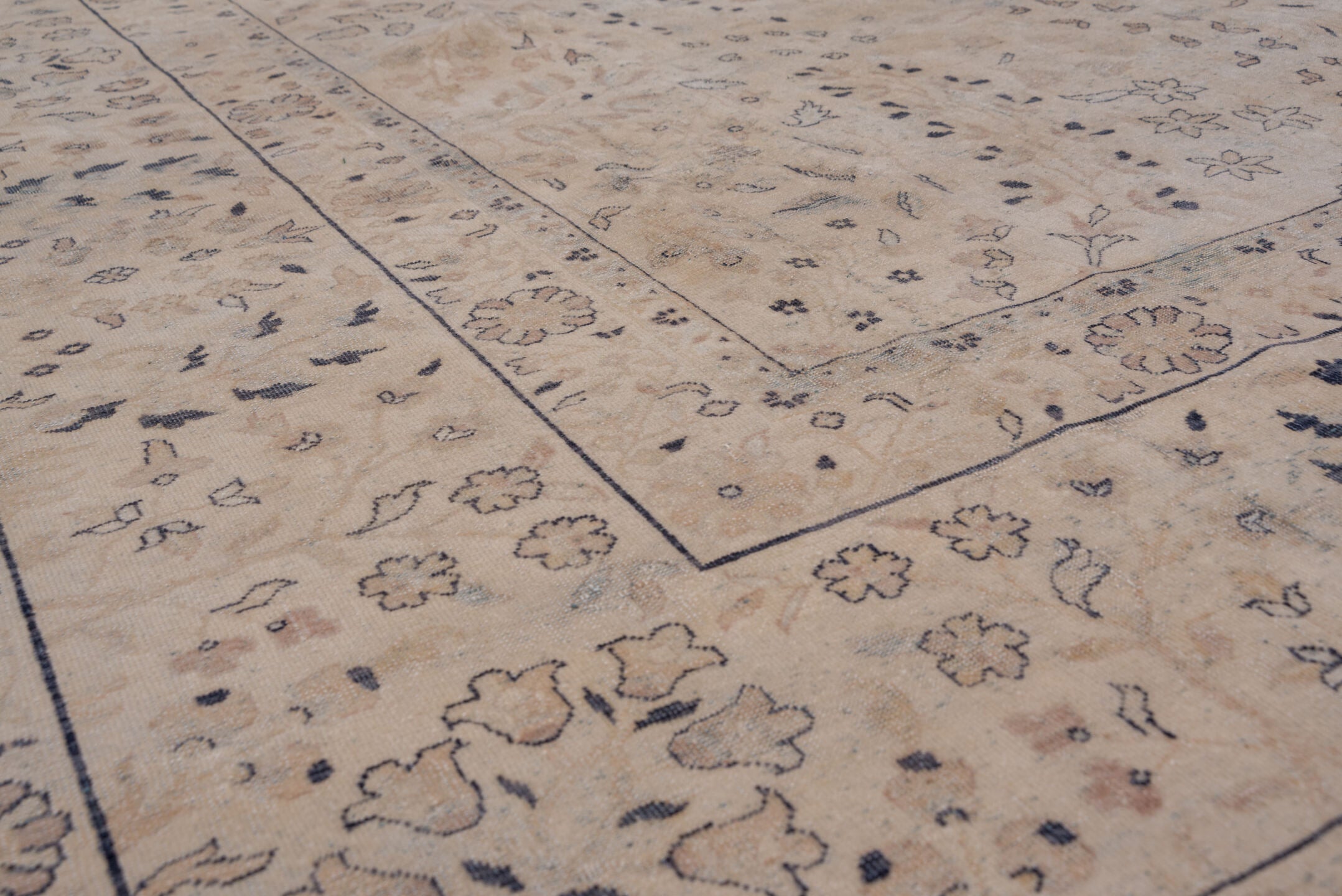 8' x 11' one-of-a-kind handmade antique Kashan large size rug. Color palette: ivory, beige, taupe, slate, dusty blue, camel