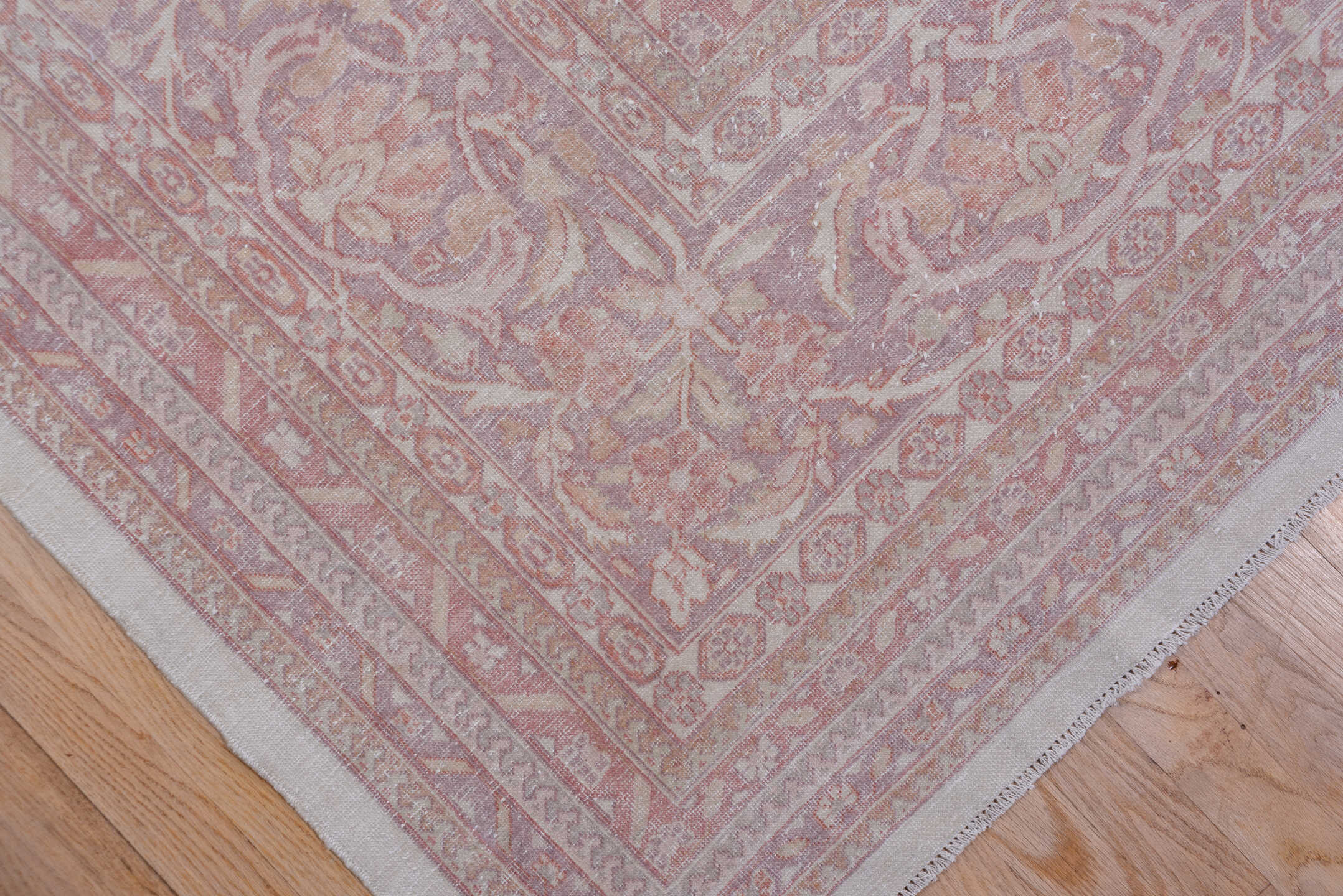 11' x 14' one-of-a-kind handmade antique Tabriz oversize rug. Color palette: ivory, blush, rose, pale lavender, taupe, peach