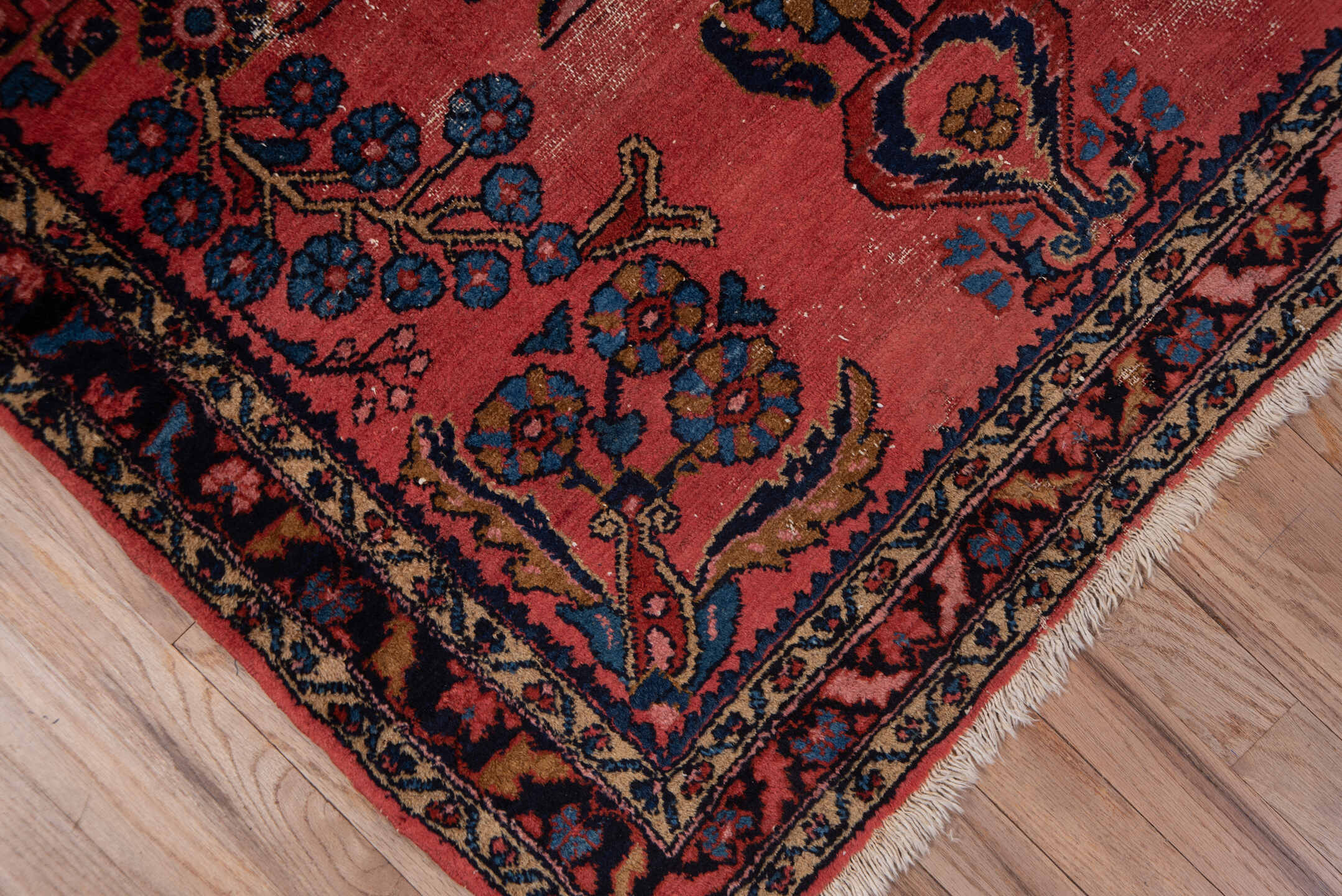 3' x 4' one-of-a-kind handmade antique Lilian small size rug. Color palette: rose, navy, cobalt, ivory, rust, camel, crimson