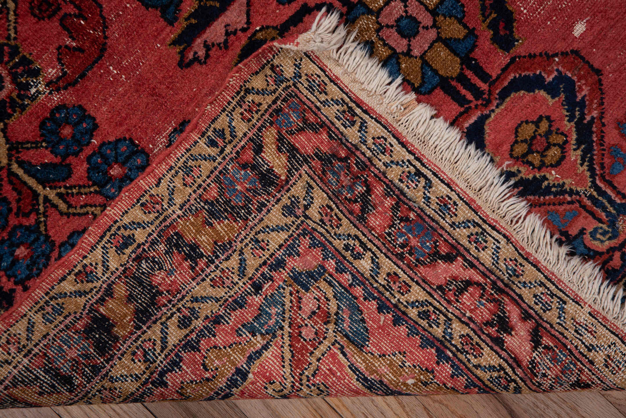 3' x 4' one-of-a-kind handmade antique Lilian small size rug. Color palette: rose, navy, cobalt, ivory, rust, camel, crimson