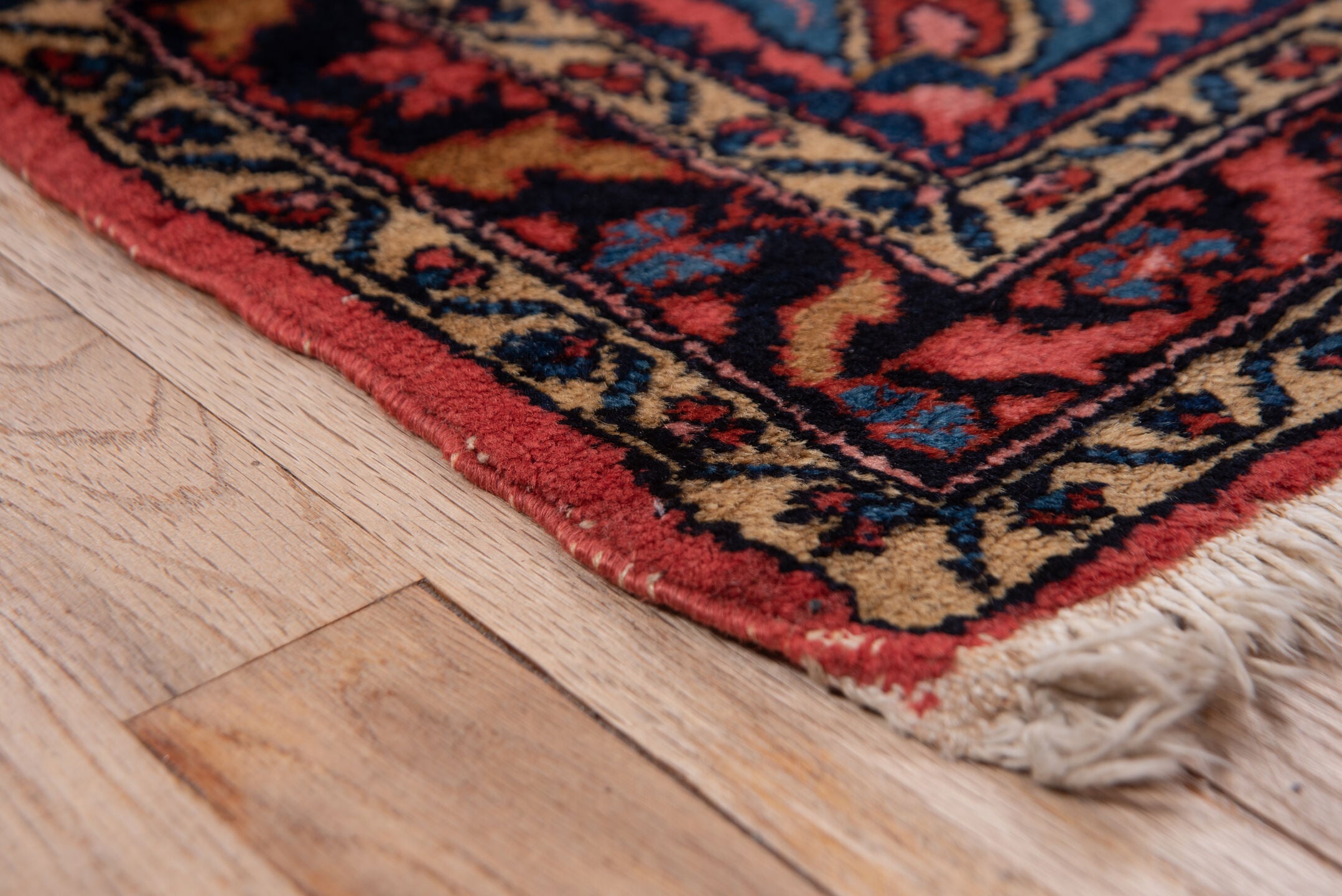 3' x 4' one-of-a-kind handmade antique Lilian small size rug. Color palette: rose, navy, cobalt, ivory, rust, camel, crimson