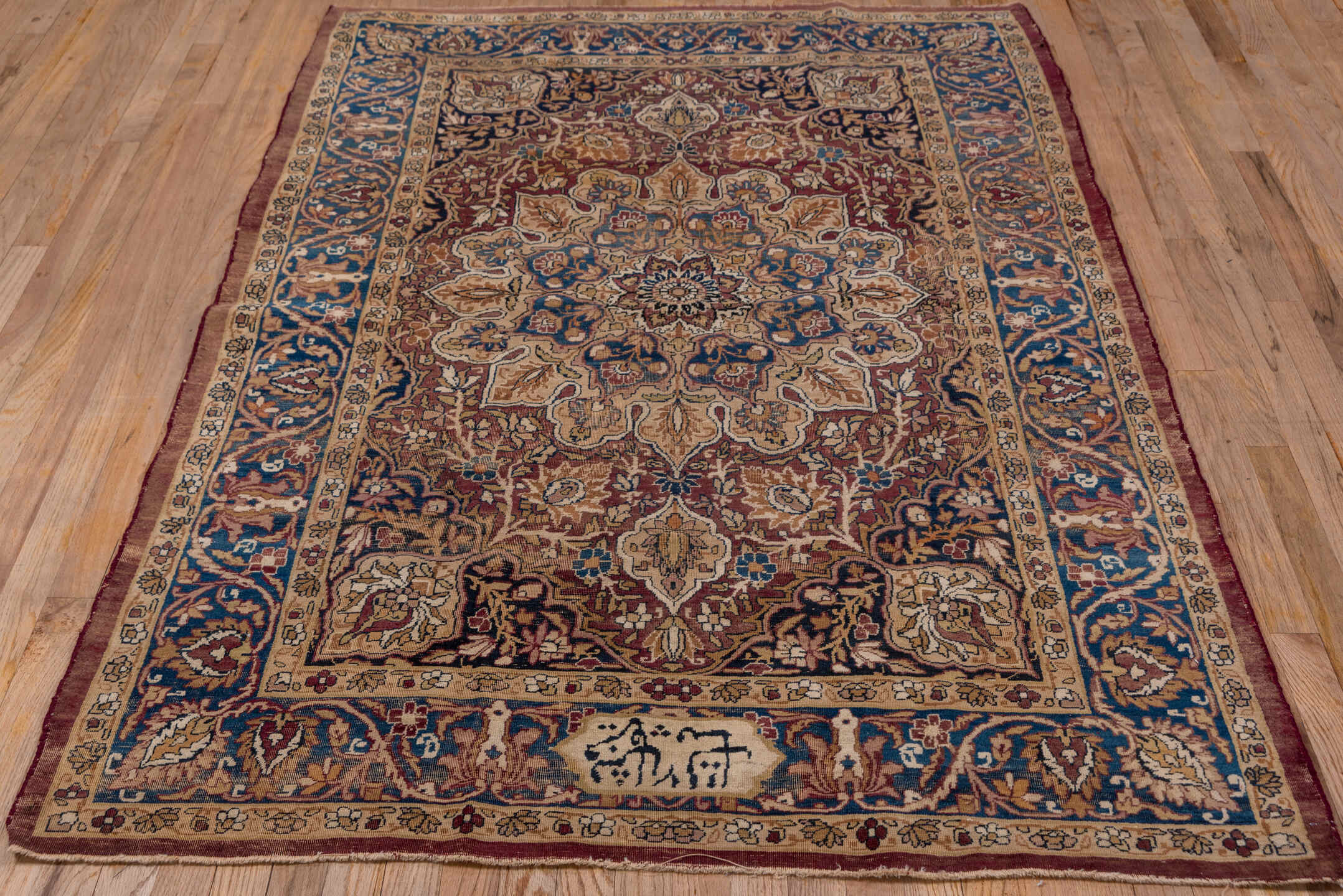 4' x 7' one-of-a-kind handmade vintage Lavar rug. Color palette: black, blue, brown, gray, pink, red, redwood