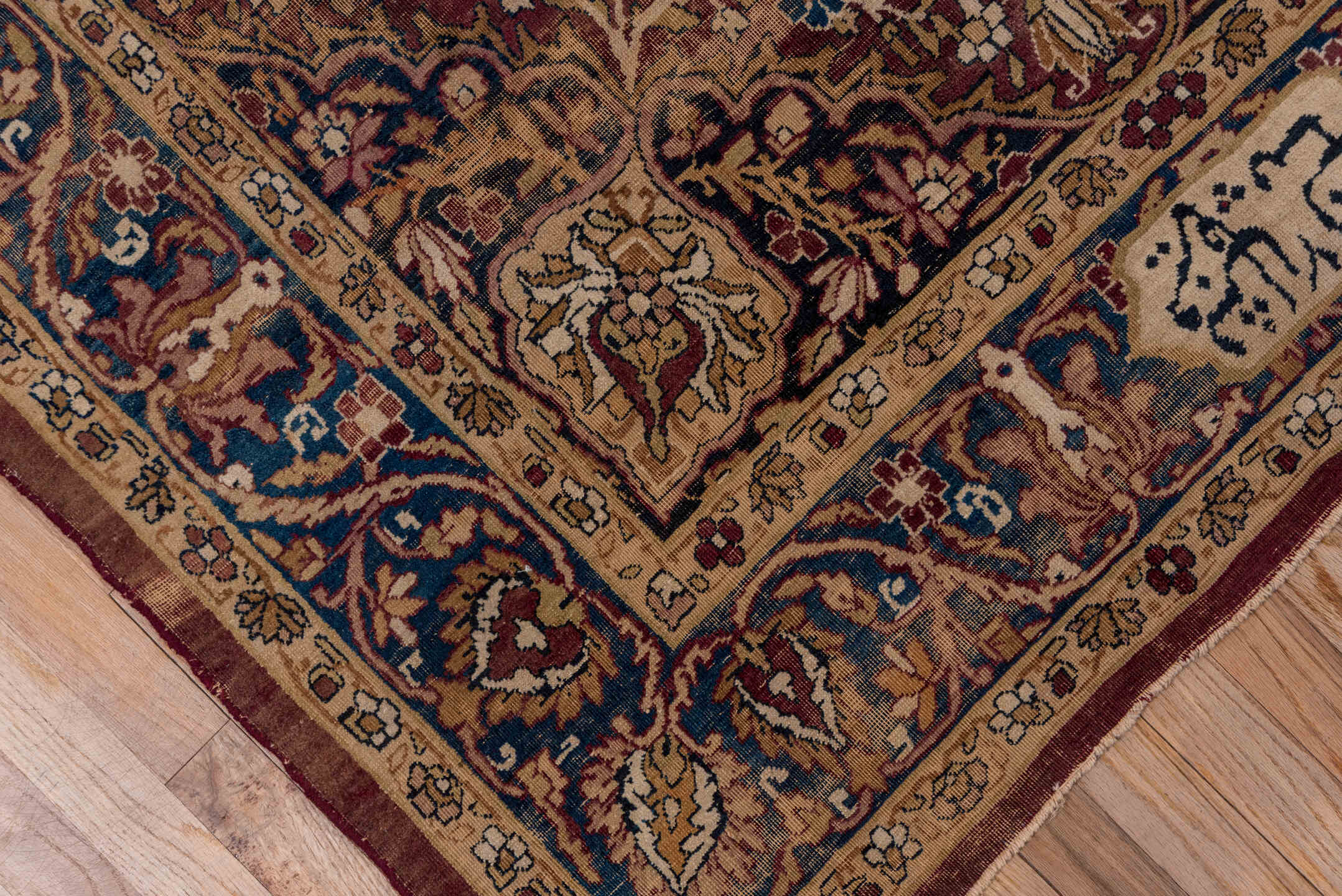 4' x 7' one-of-a-kind handmade vintage Lavar rug. Color palette: black, blue, brown, gray, pink, red, redwood