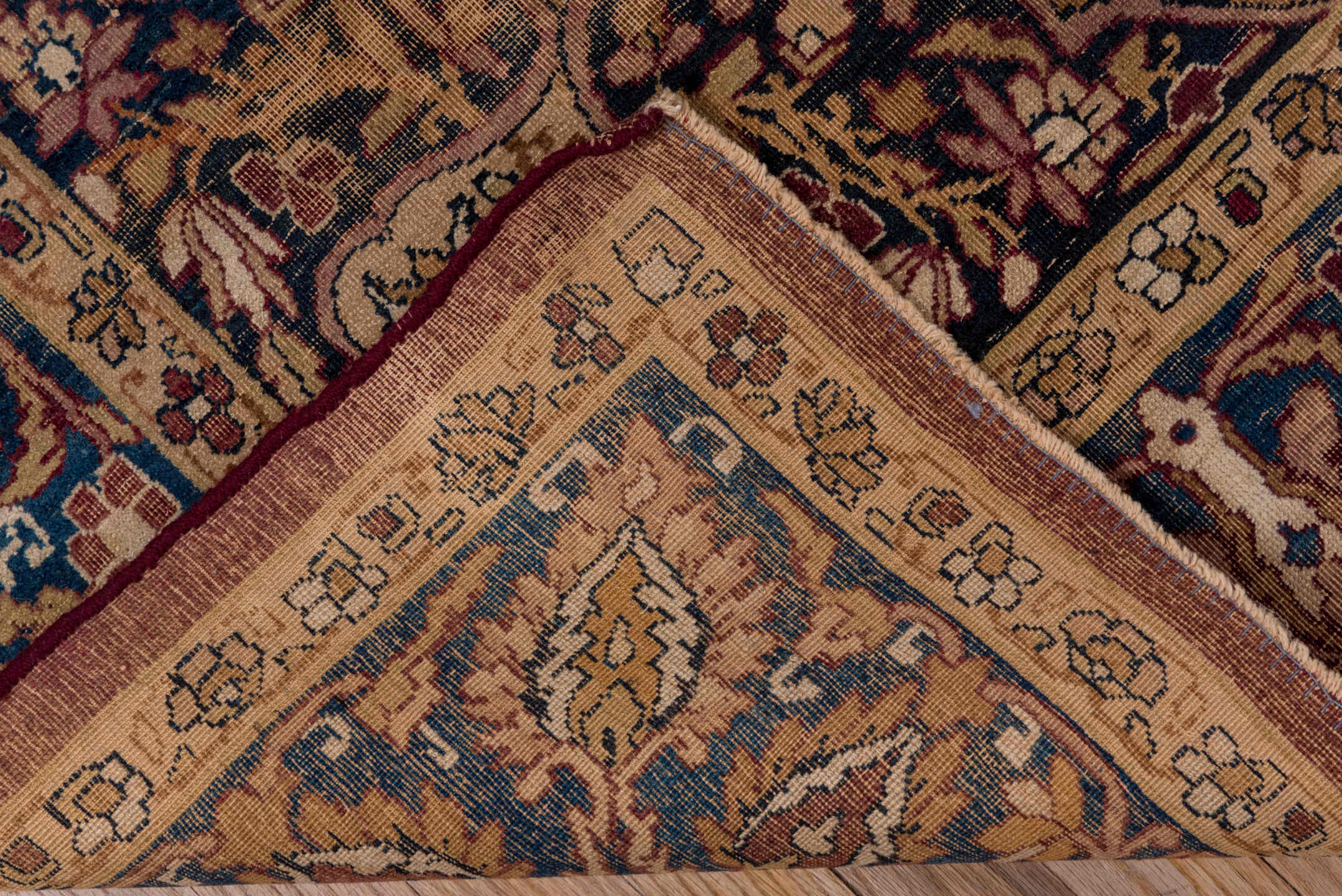 4' x 7' one-of-a-kind handmade vintage Lavar rug. Color palette: black, blue, brown, gray, pink, red, redwood