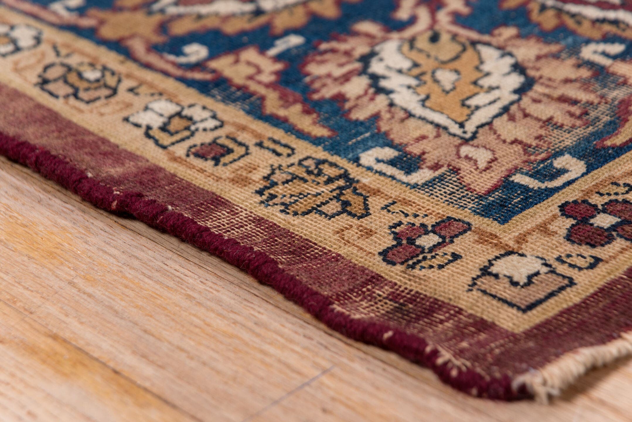 4' x 7' one-of-a-kind handmade vintage Lavar rug. Color palette: rust, navy, ivory, camel, taupe, slate, burgundy, brown