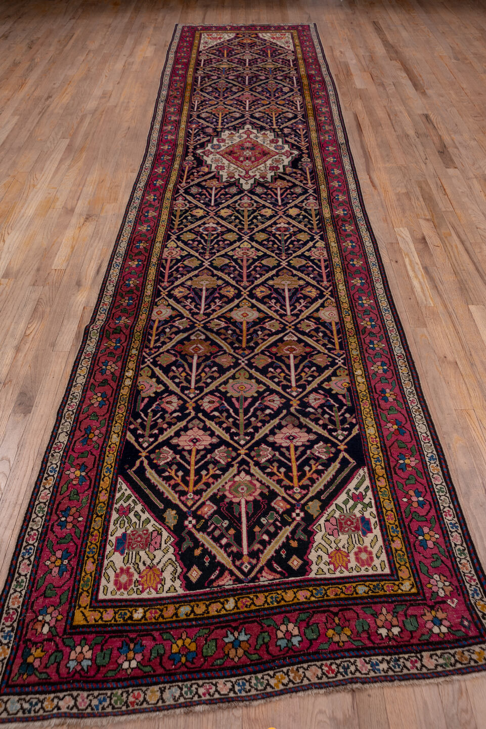3' x 16' one-of-a-kind handmade vintage Karabagh runner rug. Color palette: black, blue, brown, gray, pink, red