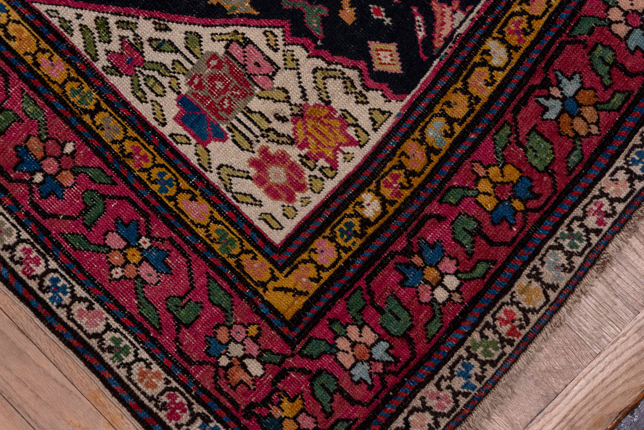 3' x 16' one-of-a-kind handmade vintage Karabagh runner rug. Color palette: black, blue, brown, gray, pink, red