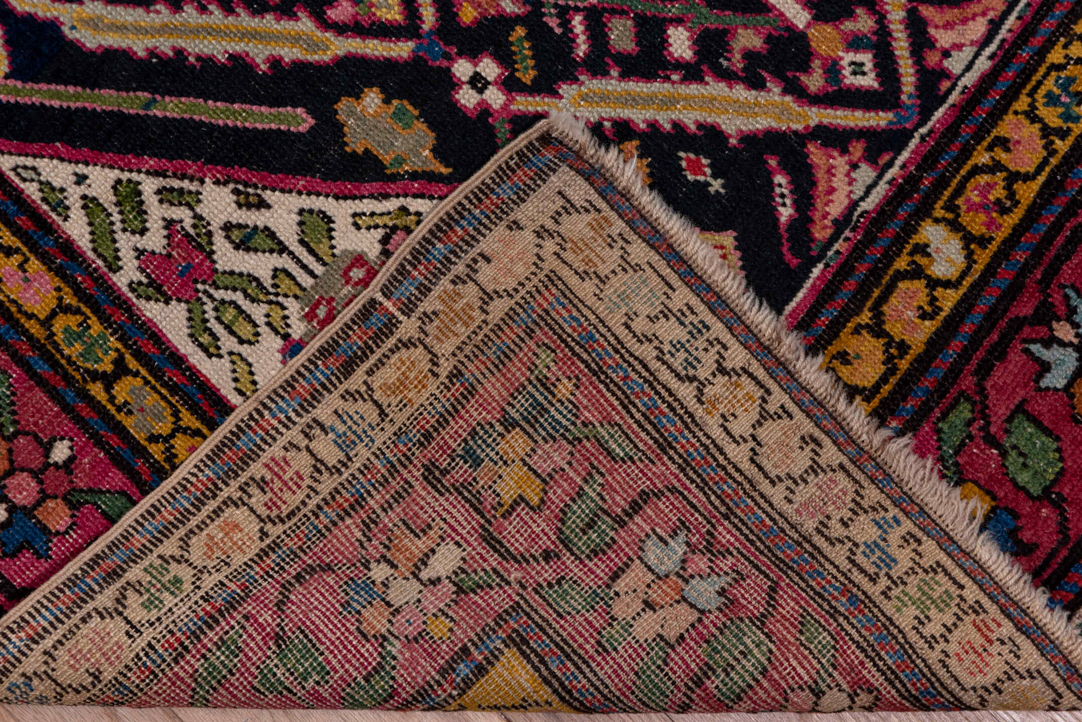 3' x 16' one-of-a-kind handmade vintage Karabagh runner rug. Color palette: black, blue, brown, gray, pink, red