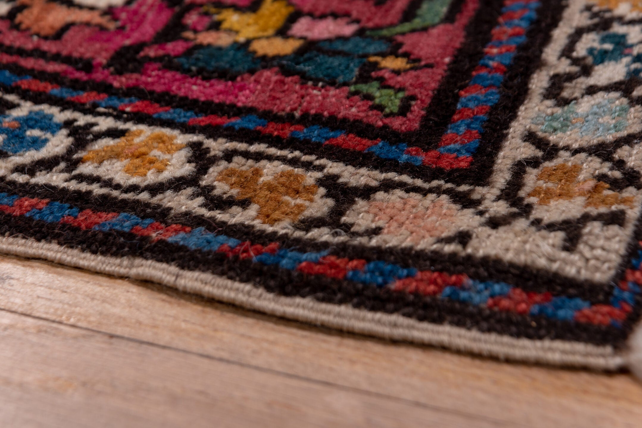 3' x 16' one-of-a-kind handmade vintage Karabagh runner rug. Color palette: black, blue, brown, gray, pink, red