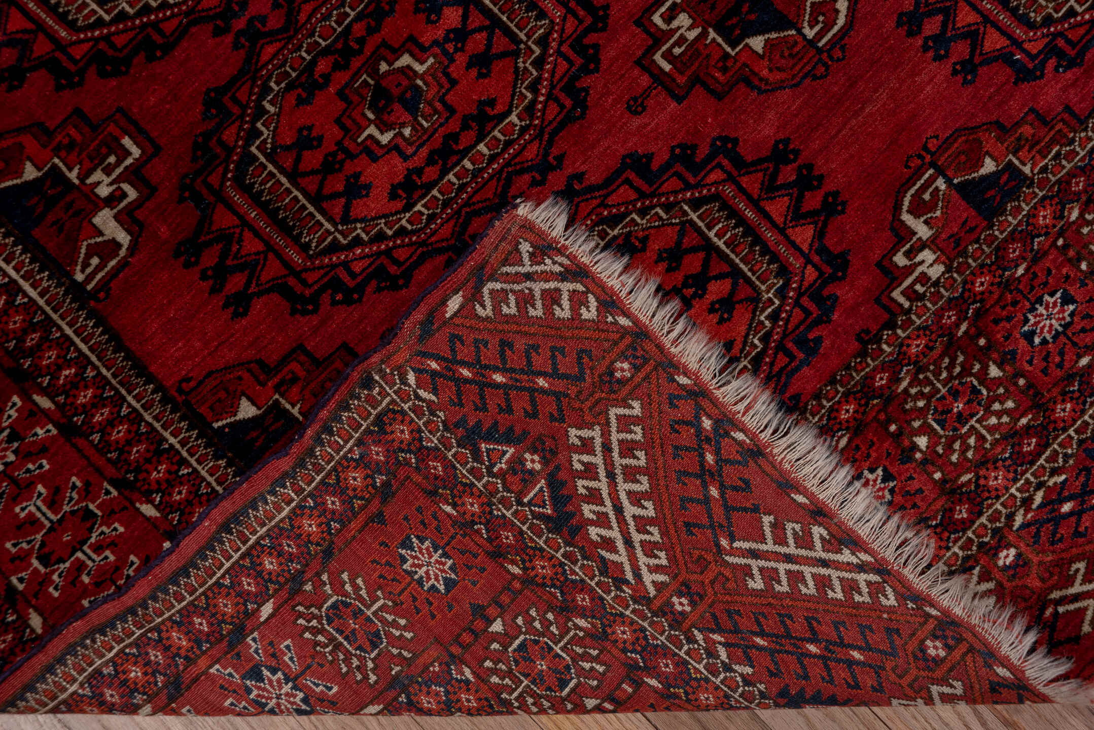 4' x 5' one-of-a-kind handmade antique Torkaman rug. Color palette: crimson, burgundy, rust, ivory, navy, charcoal, rose