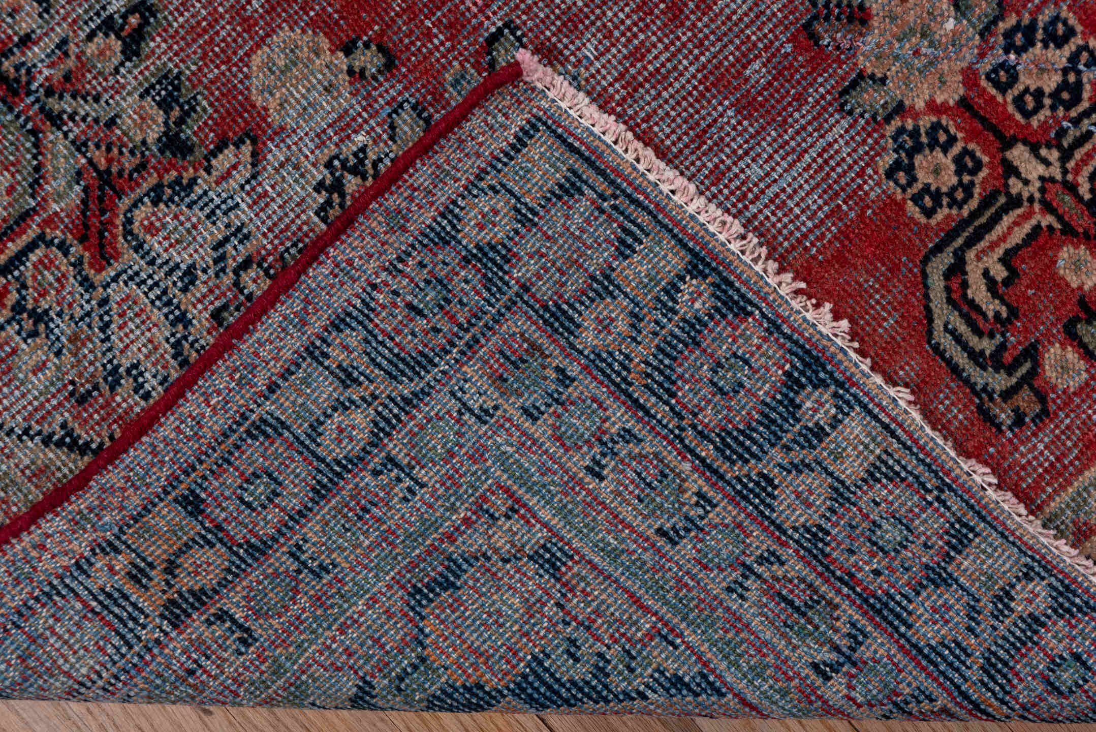 4' x 6' one-of-a-kind handmade vintage Mahal small size rug. Color palette: terracotta, navy, ivory, rose, slate, charcoal