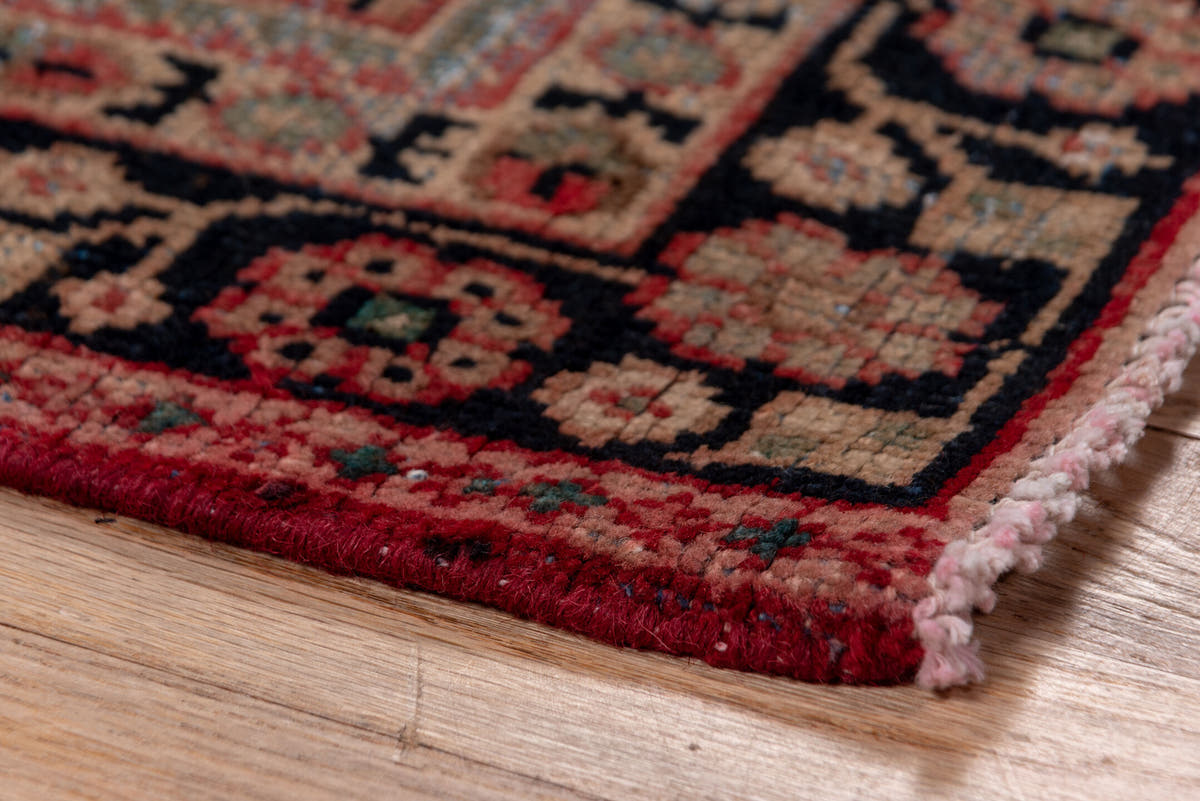 4' x 6' one-of-a-kind handmade vintage Mahal small size rug. Color palette: terracotta, navy, ivory, rose, slate, charcoal