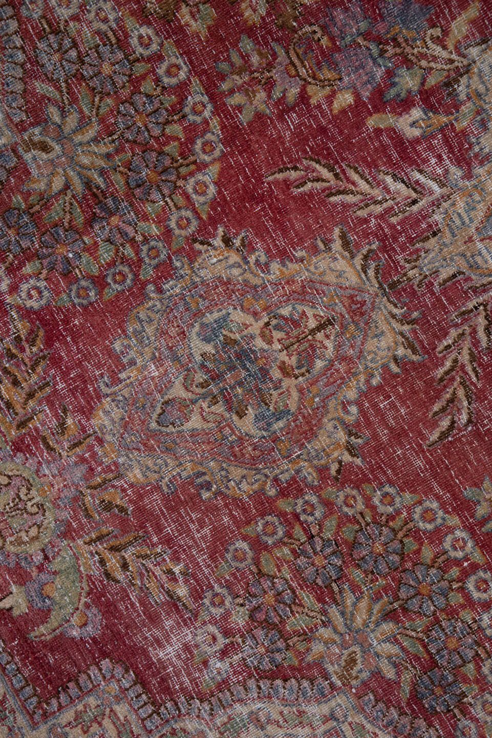 8' x 12' one-of-a-kind handmade vintage Kerman large size rug. Color palette: rose, powder blue, ivory, dusty pink, burgundy