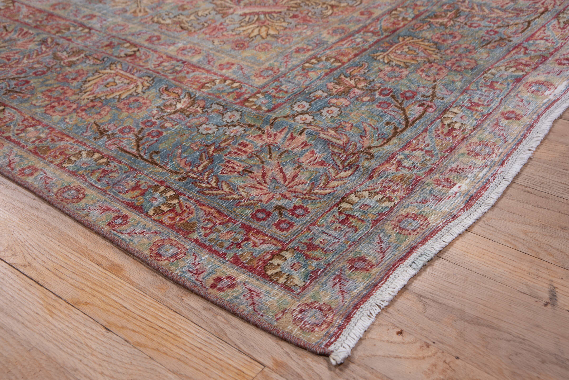 8' x 12' one-of-a-kind handmade vintage Kerman large size rug. Color palette: rose, powder blue, ivory, dusty pink, burgundy