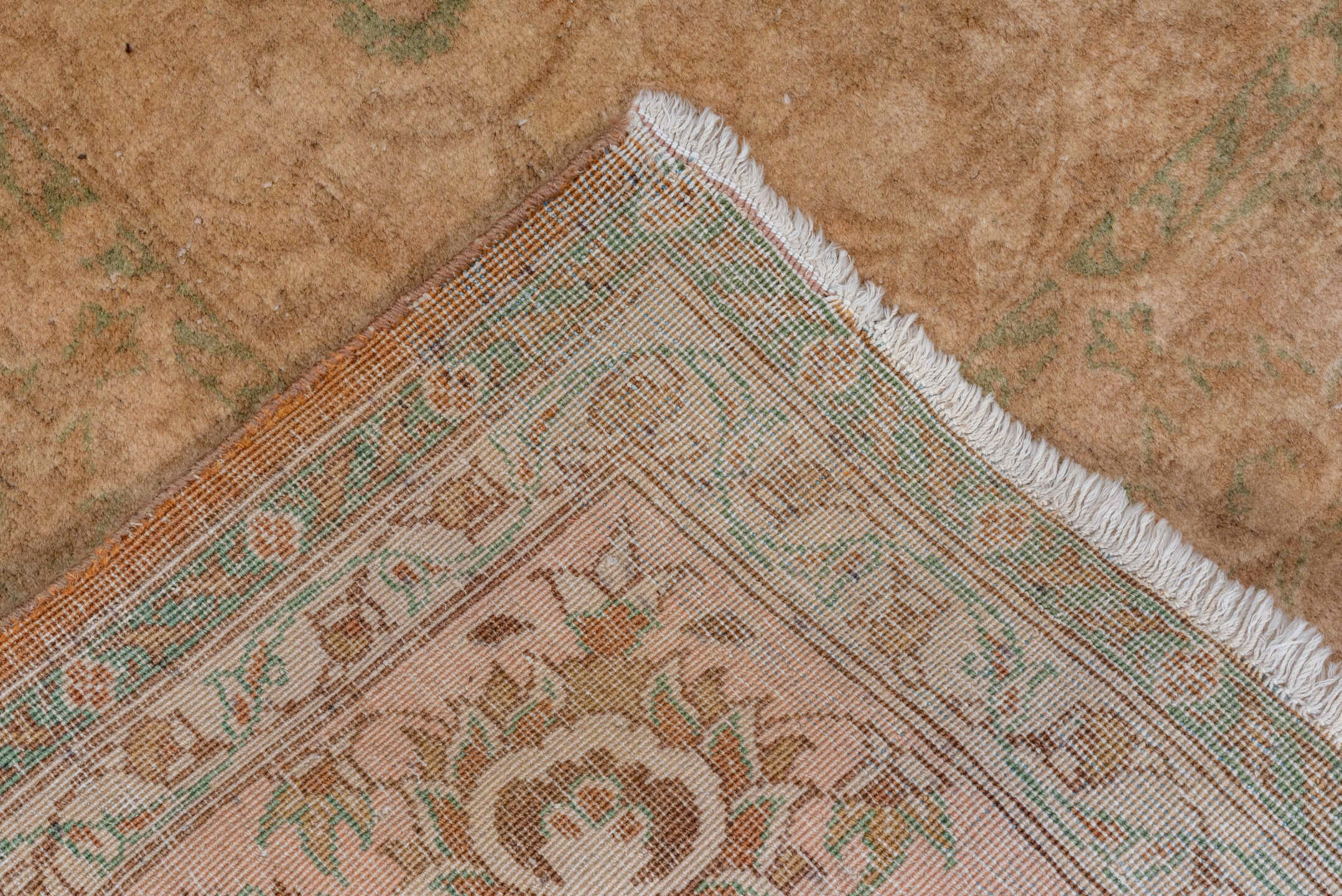 4' x 6' one-of-a-kind handmade antique Kashan small size rug. Color palette: taupe, camel, beige, sage, ivory, sand, gray