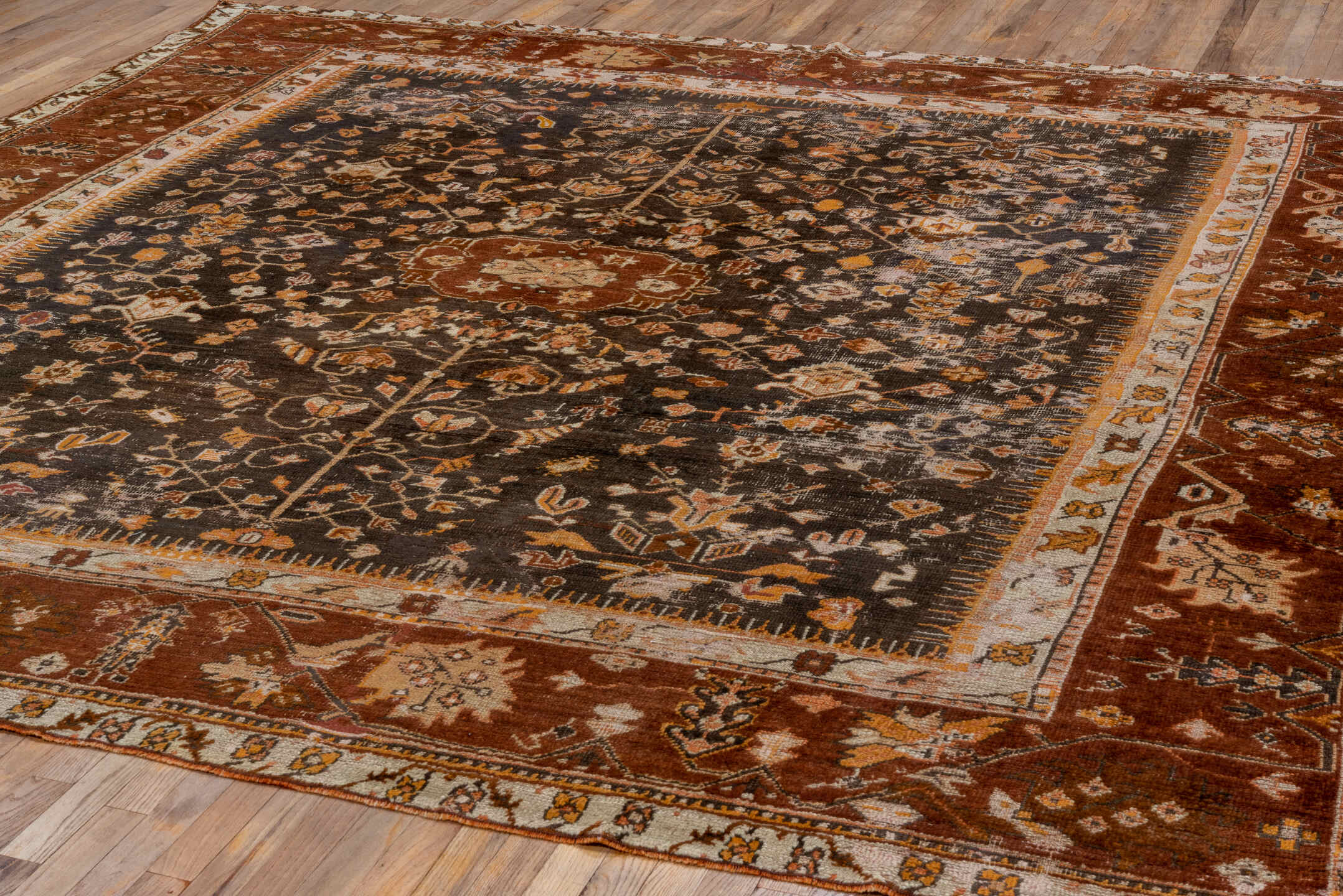 10' x 10' one-of-a-kind handmade vintage Oushak large size rug. Color palette: rust, dark brown, ivory, peach, taupe
