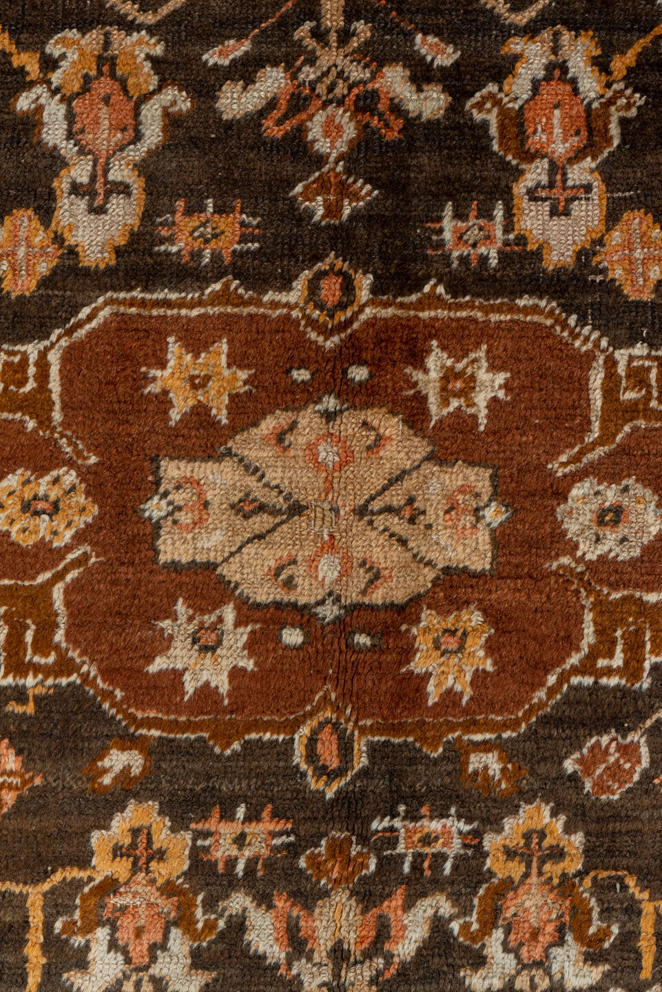 10' x 10' one-of-a-kind handmade vintage Oushak large size rug. Color palette: rust, dark brown, ivory, peach, taupe