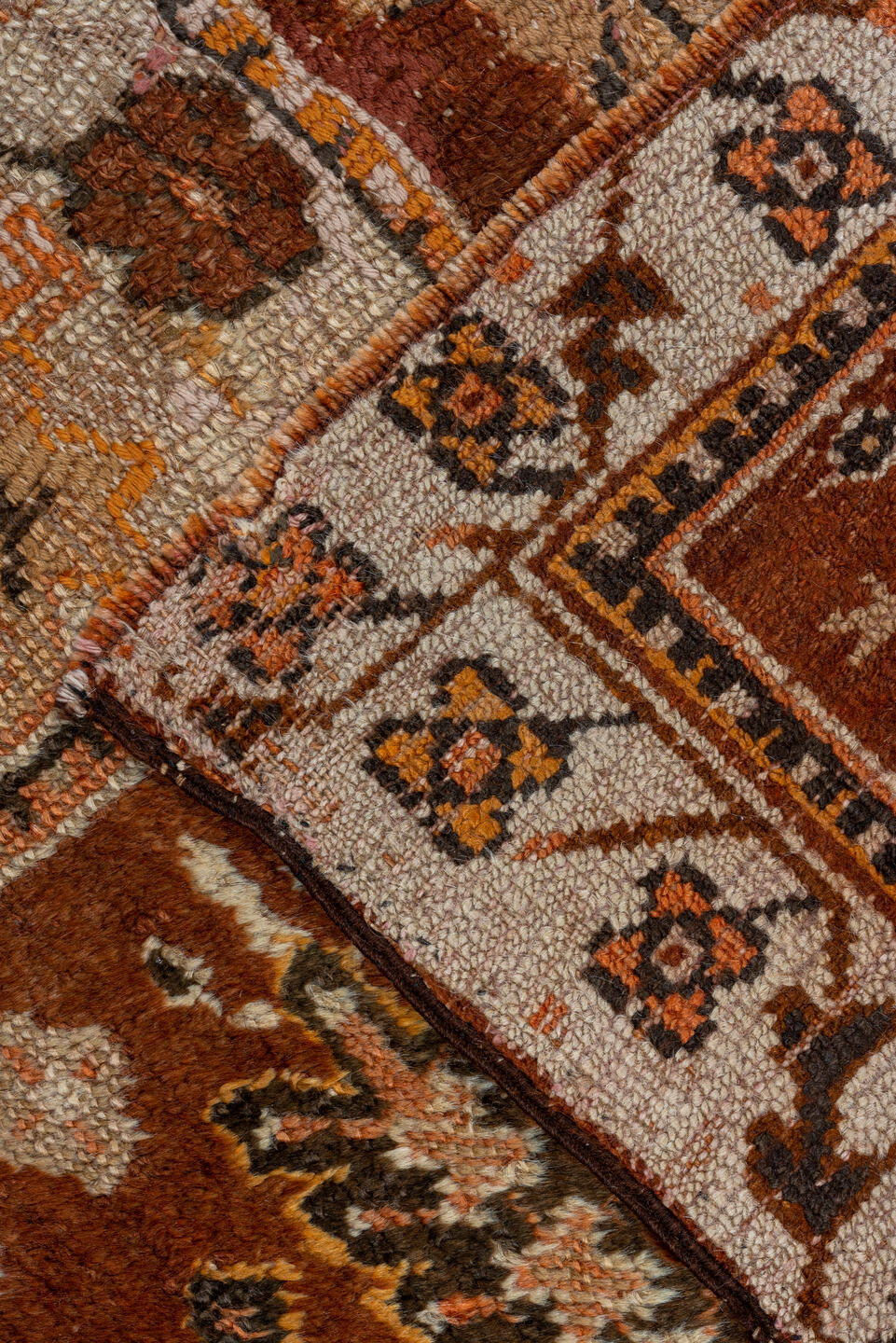 10' x 10' one-of-a-kind handmade vintage Oushak large size rug. Color palette: rust, dark brown, ivory, peach, taupe