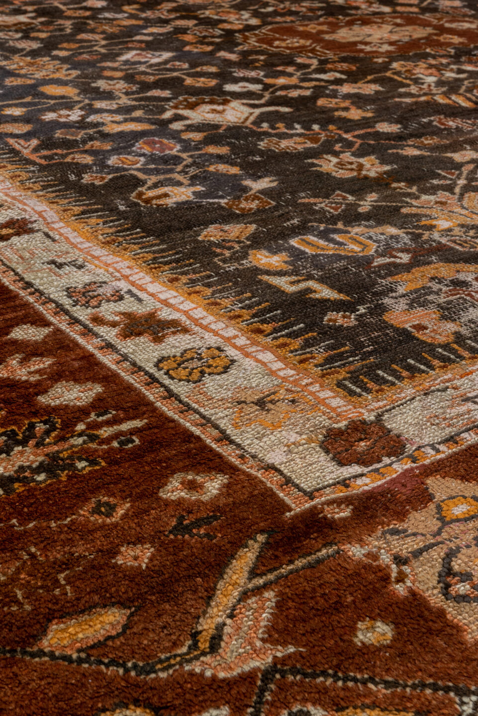 10' x 10' one-of-a-kind handmade vintage Oushak large size rug. Color palette: rust, dark brown, ivory, peach, taupe