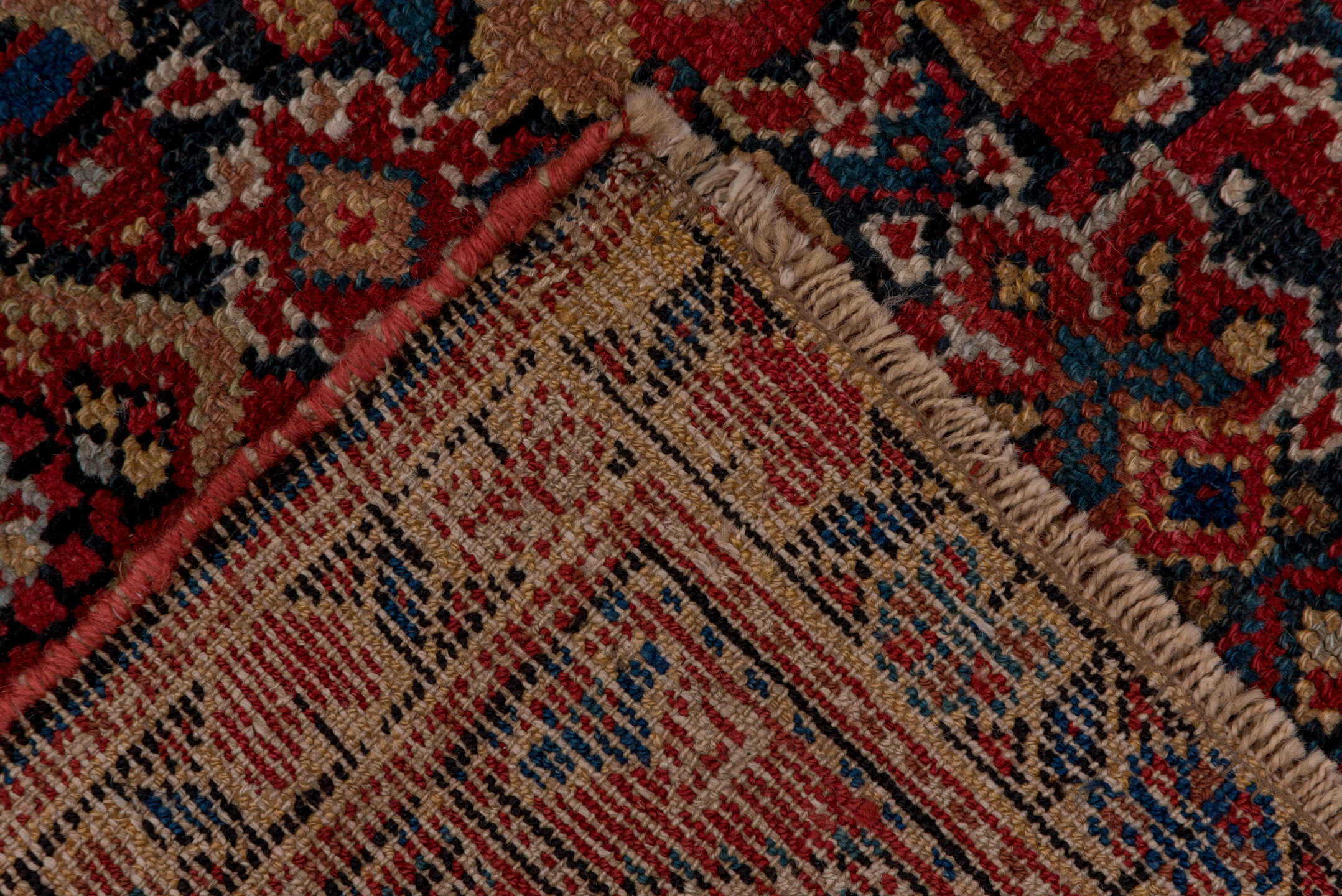 3' x 12' one-of-a-kind handmade vintage Malayer runner rug. Color palette: brown, gray, orange, pink, red