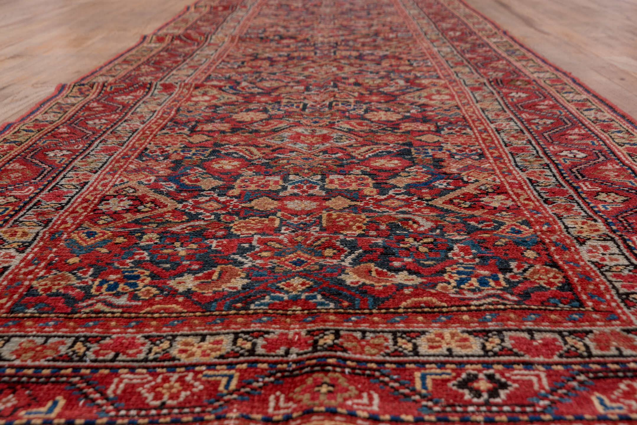 3' x 12' one-of-a-kind handmade vintage Malayer runner rug. Color palette: brown, gray, orange, pink, red