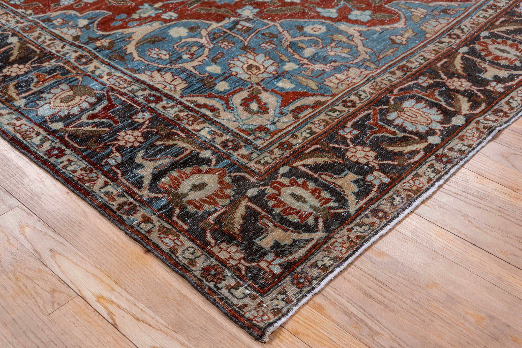 8' x 11' one-of-a-kind handmade antique Tabriz large size rug. Color palette: rust, blue, navy, ivory, beige, camel