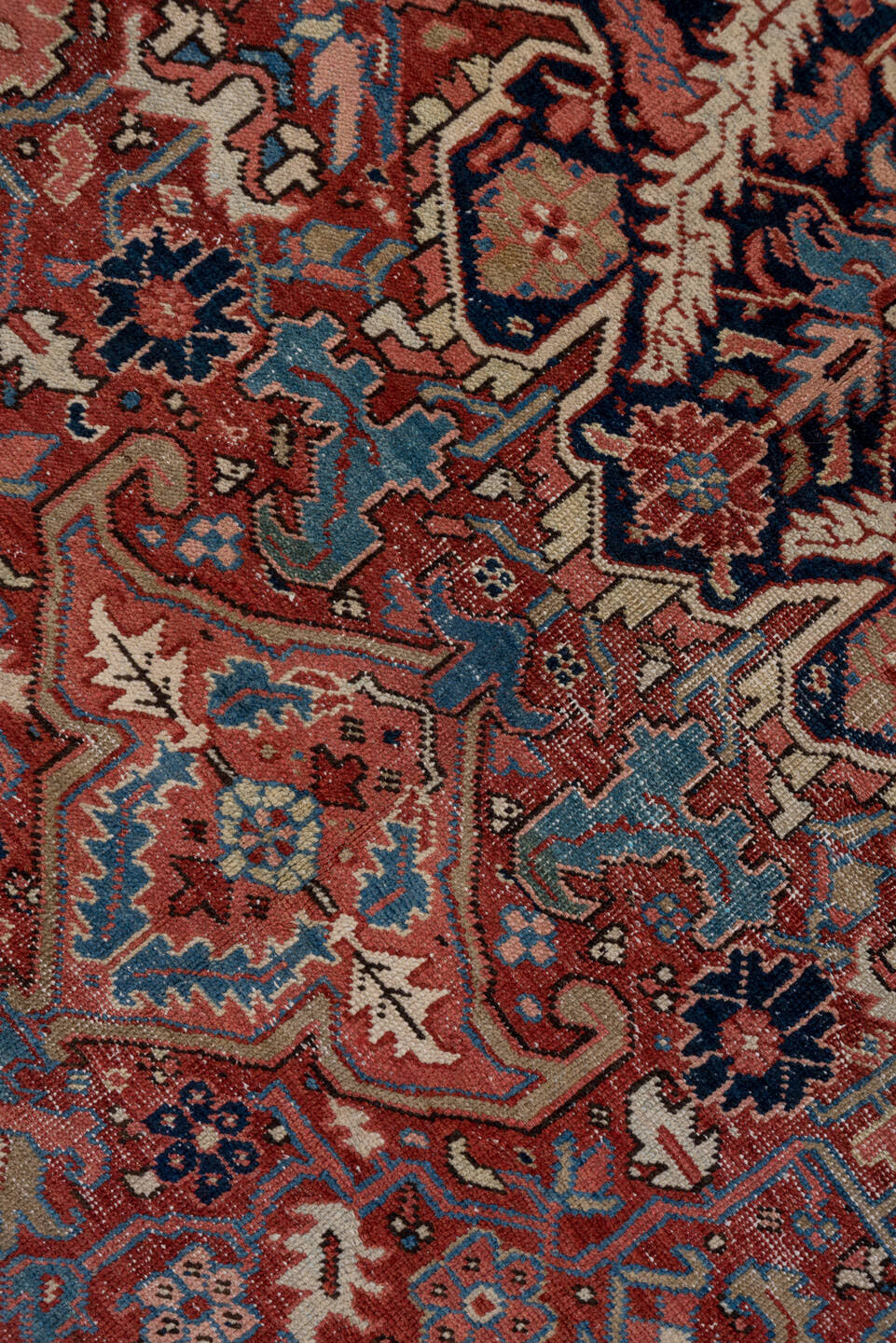 8' x 12' one-of-a-kind handmade antique Heriz large size rug. Color palette: rust, blue, ivory, navy, terra cotta, slate