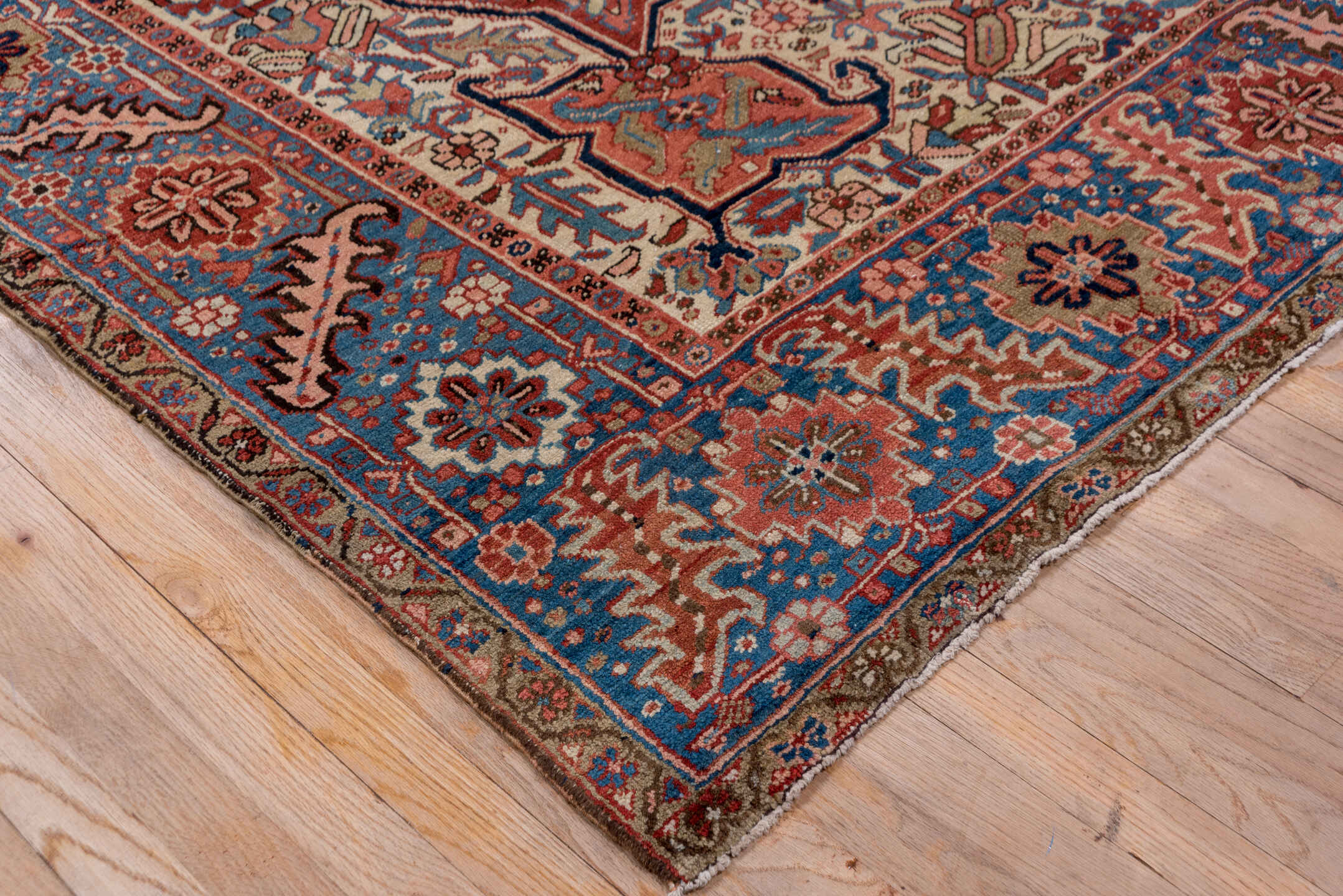 8' x 12' one-of-a-kind handmade vintage Heriz large size rug. Color palette: arapawa, blue, brown, dim gray, fiord, gray