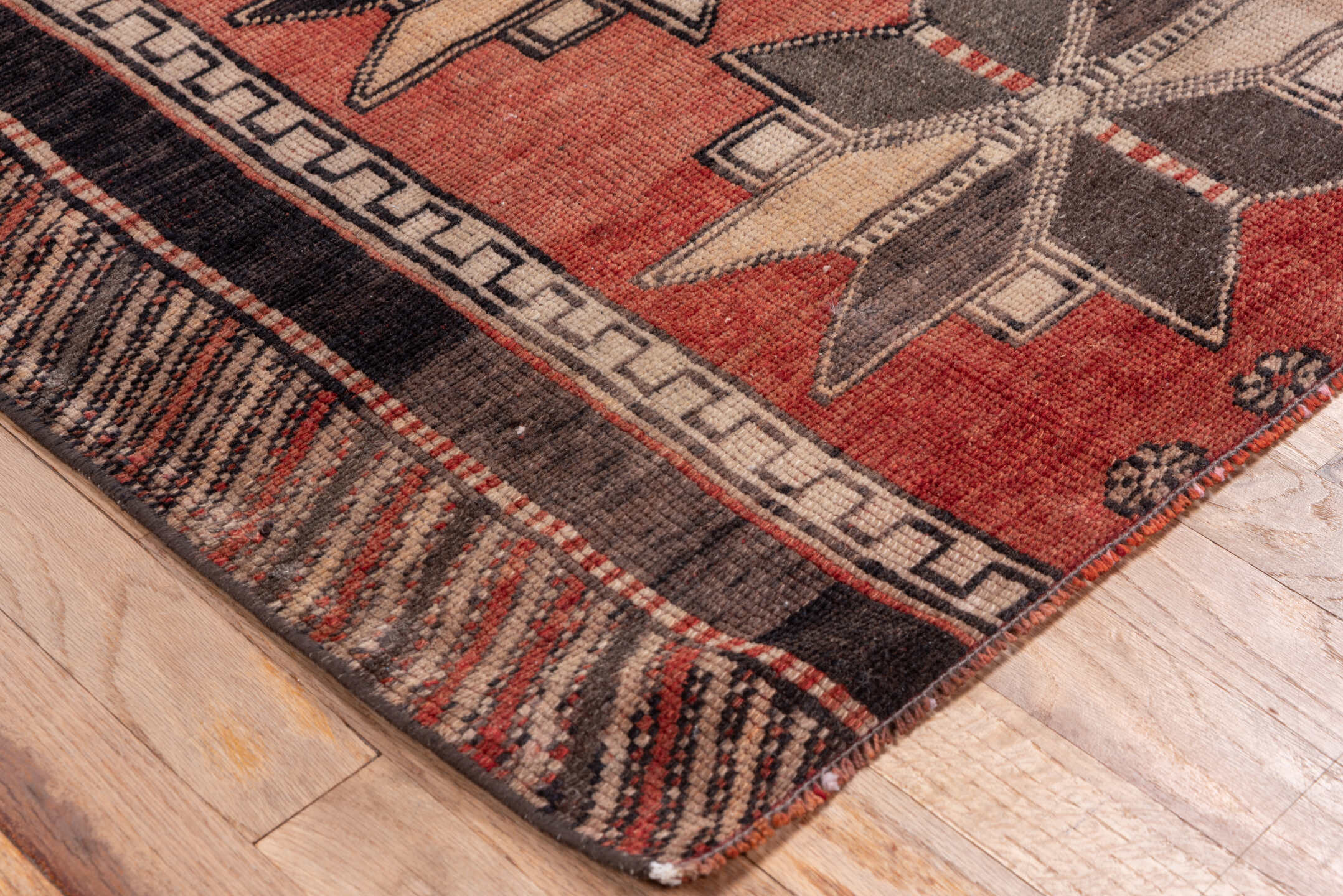 2' x 5' one-of-a-kind handmade vintage Oushak small size rug. Color palette: black, brown, gray, light gray, off-white, pink