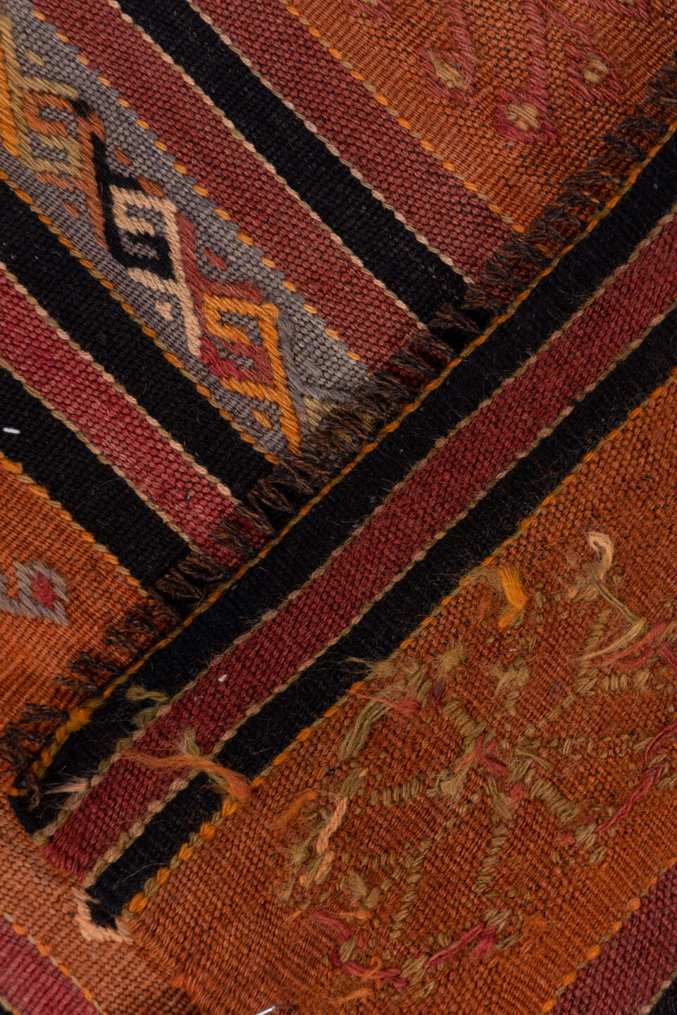 2' x 8' one-of-a-kind handmade vintage Kilim runner rug. Color palette: terra cotta, rust, charcoal, ivory, gold, rose