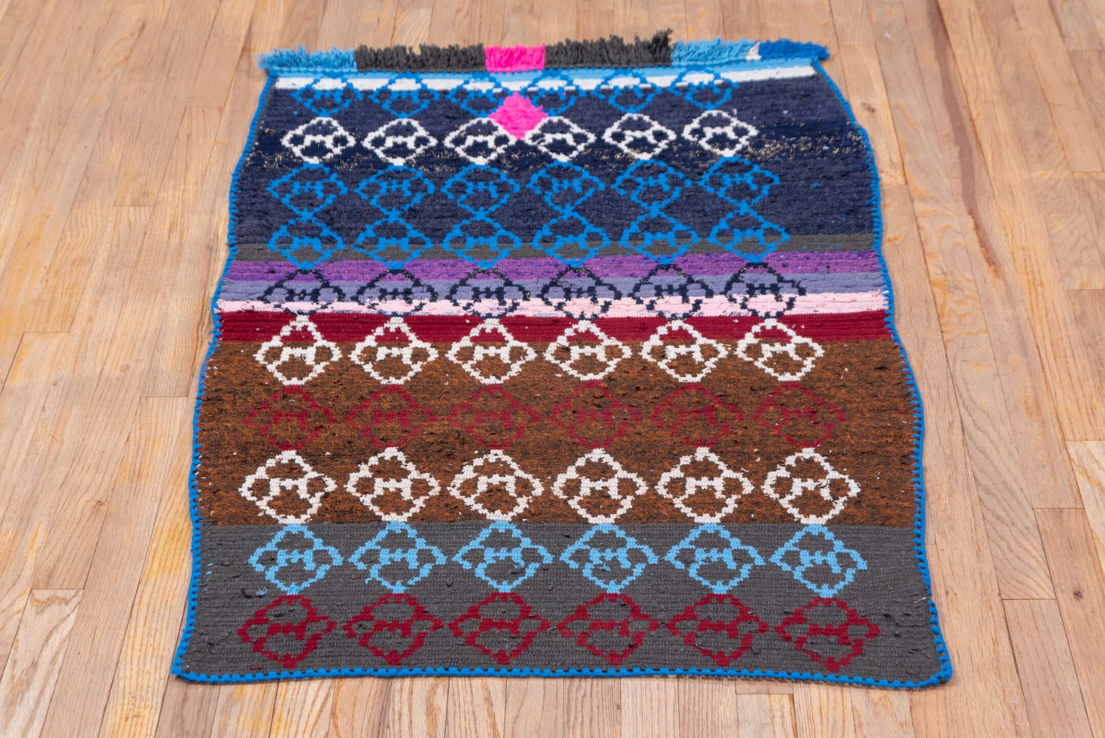 3' x 4' one-of-a-kind handmade vintage Rag Rug small size rug. Color palette: navy, cobalt, brown, ivory, charcoal, plum