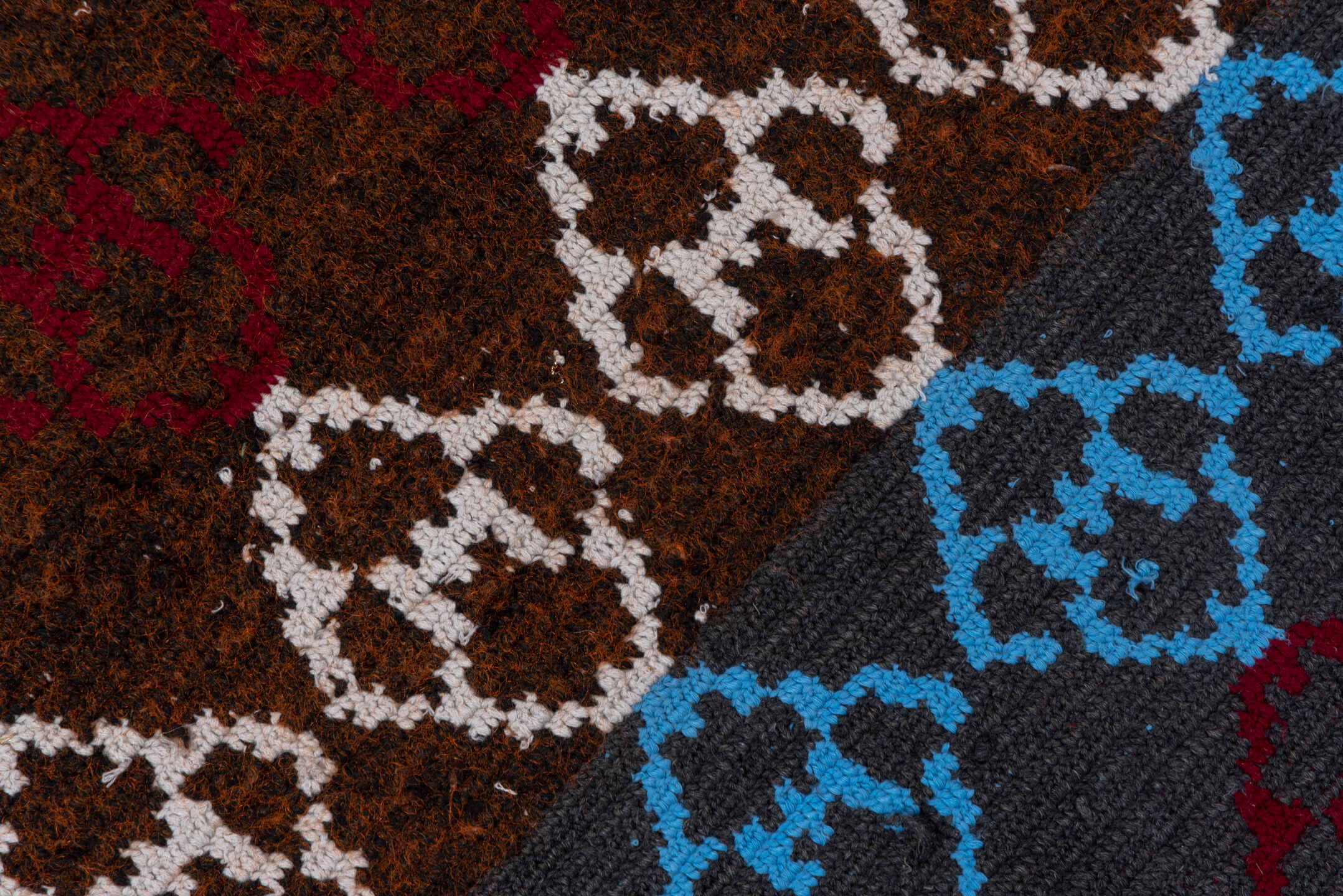 3' x 4' one-of-a-kind handmade vintage Rag Rug small size rug. Color palette: black, blue, dark gray, gray, light gray