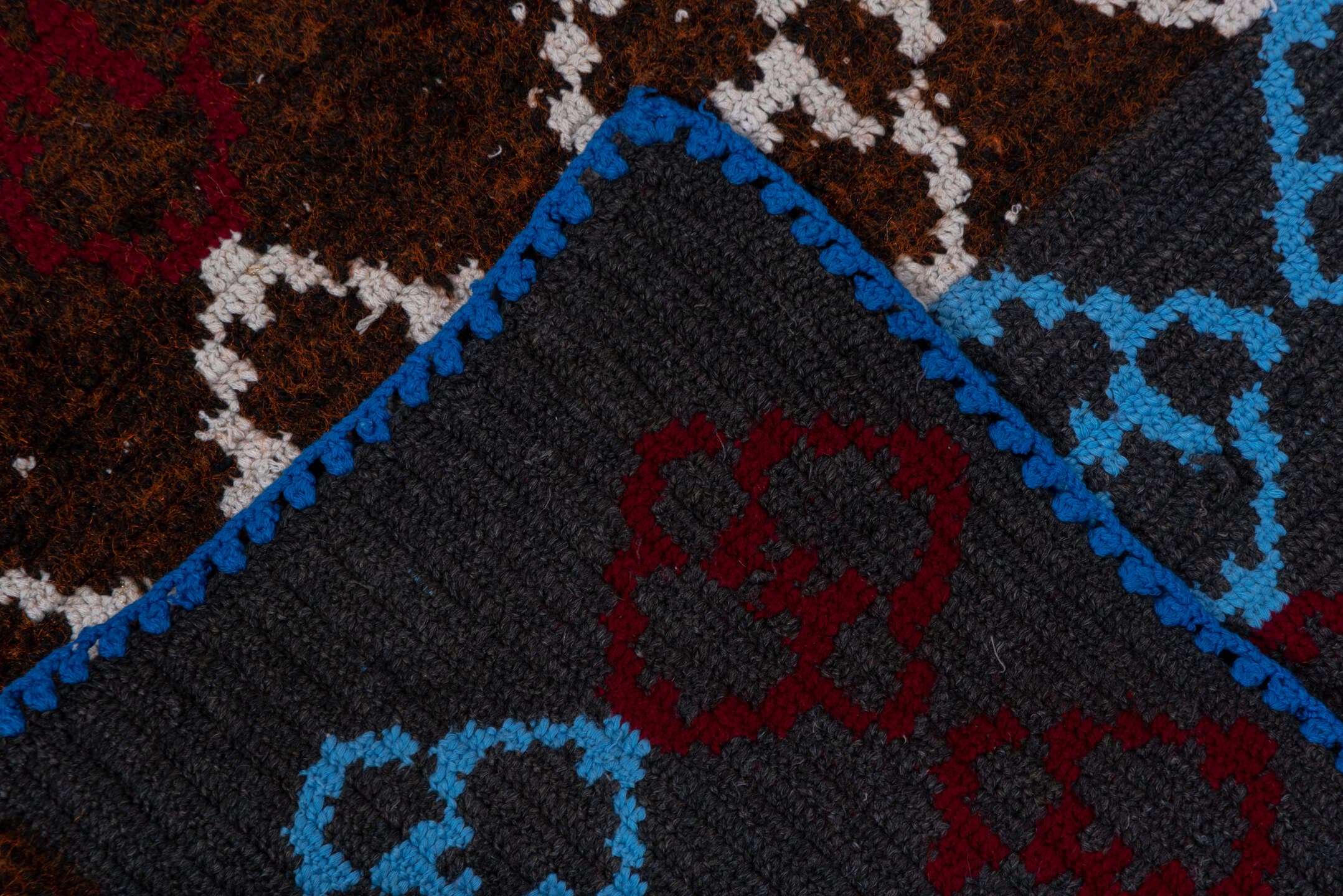 3' x 4' one-of-a-kind handmade vintage Rag Rug small size rug. Color palette: navy, cobalt, brown, ivory, charcoal, plum