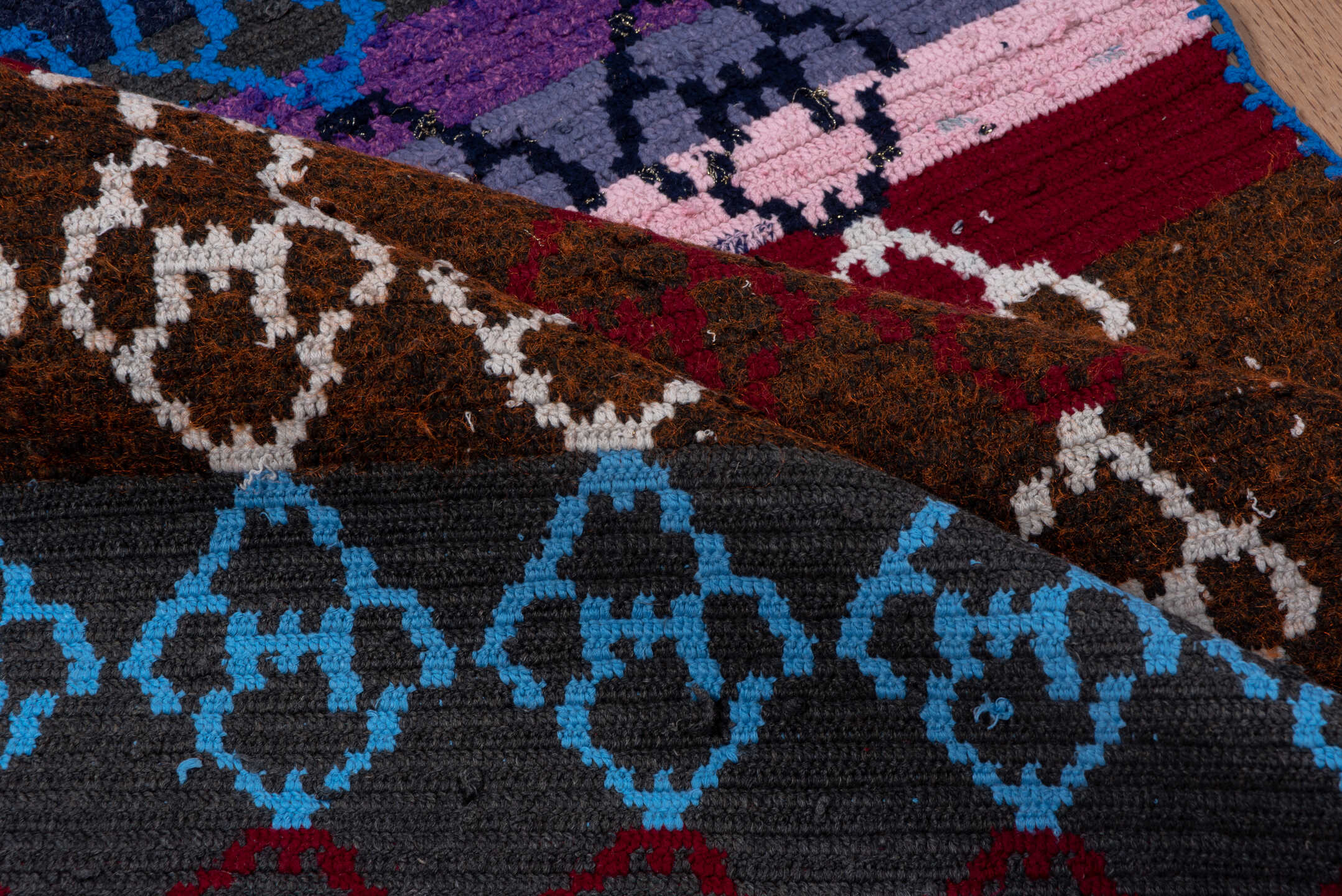 3' x 4' one-of-a-kind handmade vintage Rag Rug small size rug. Color palette: navy, cobalt, brown, ivory, charcoal, plum